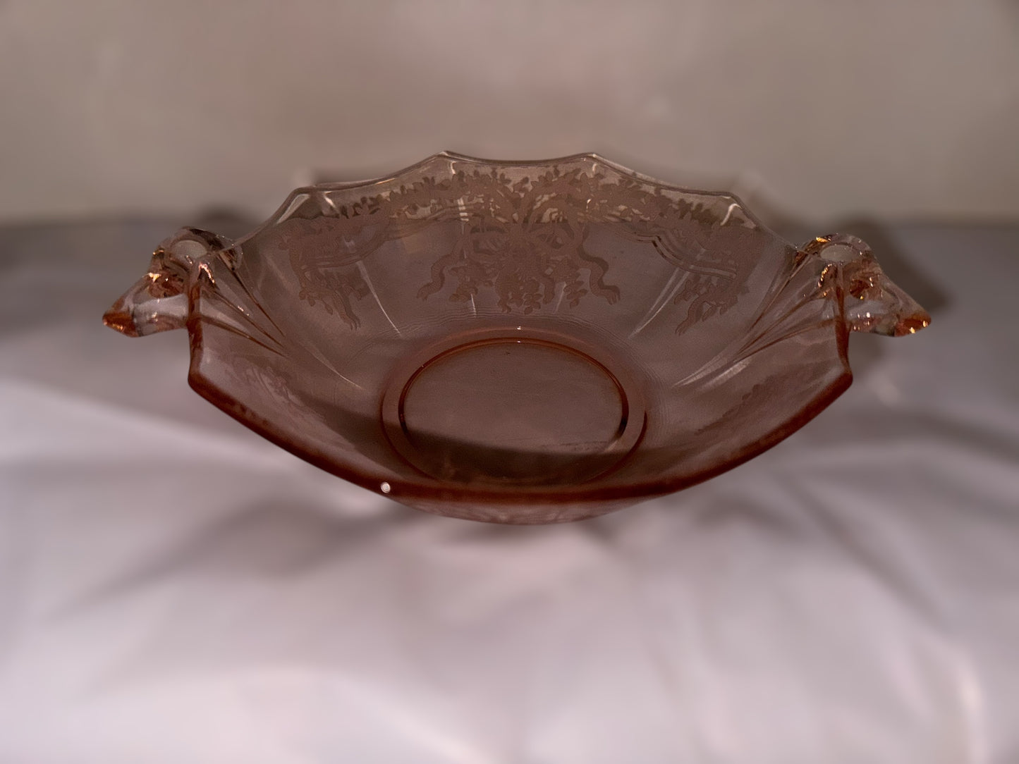 Fostoria ‘June Pink’ Bowtie Handled Glass Sweet Meats Bowl, 7-3/8”