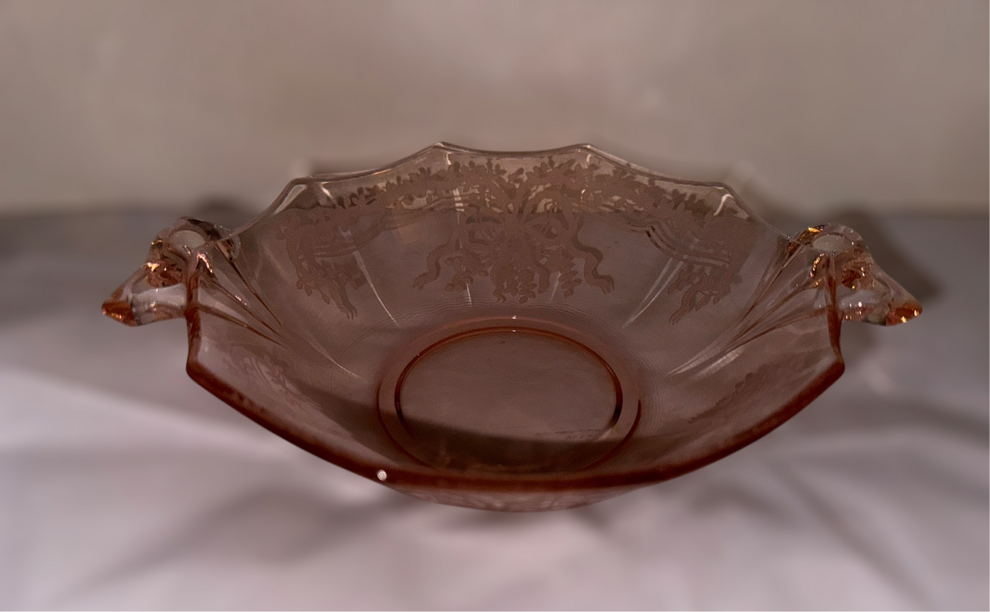 Fostoria ‘June Pink’ Bowtie Handled Glass Sweet Meats Bowl, 7-3/8”