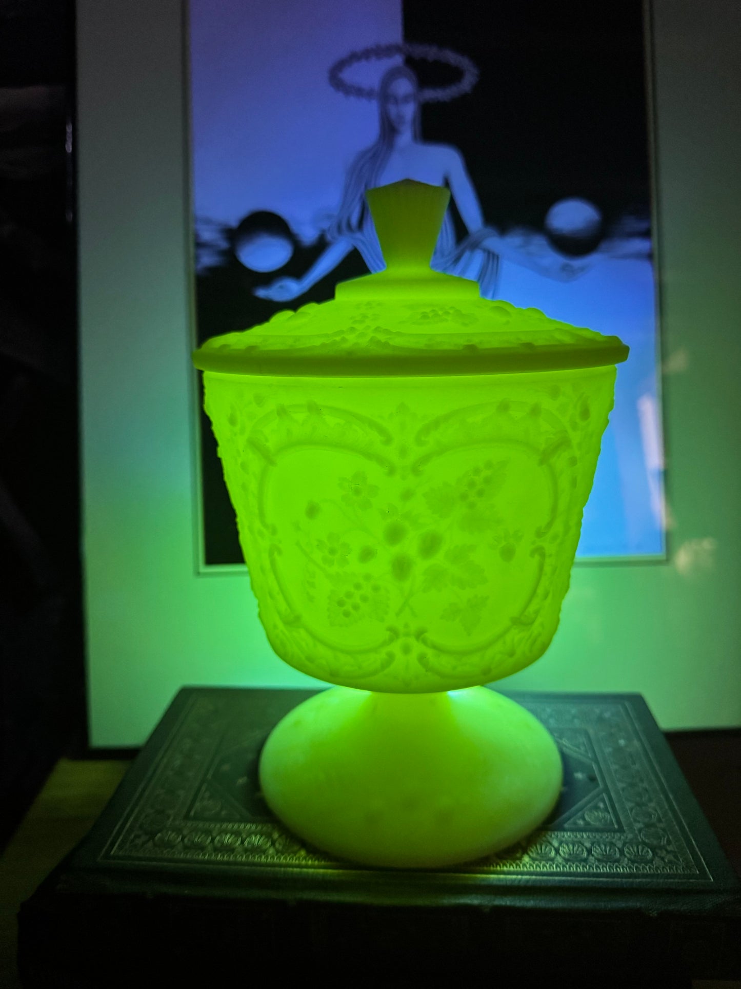 1930’s Fenton Embossed Satin Uranium Custard Glass Lidded Compote Dish