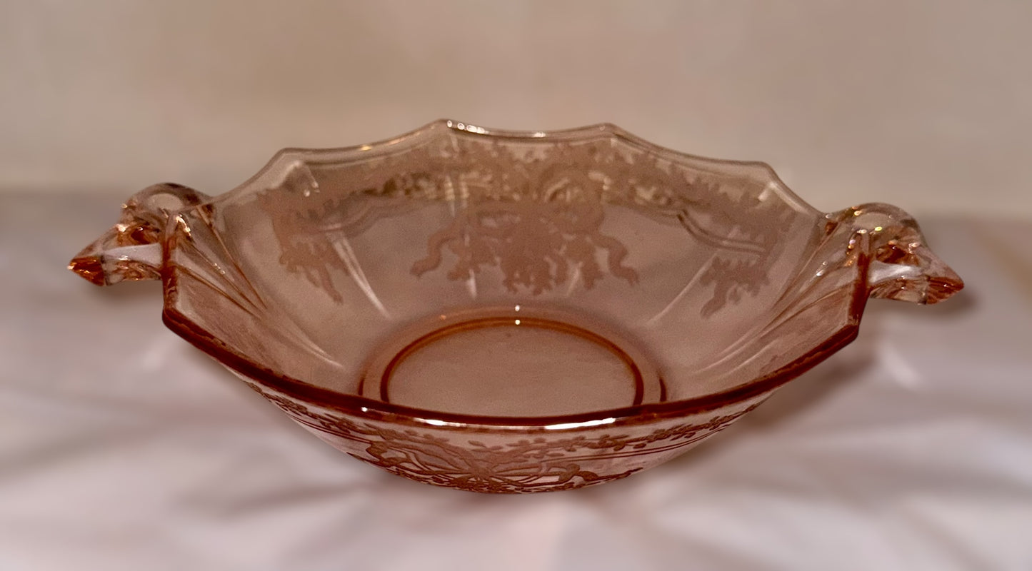 Fostoria ‘June Pink’ Bowtie Handled Glass Sweet Meats Bowl, 7-3/8”
