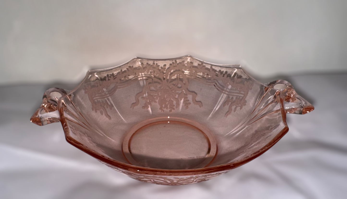 Fostoria ‘June Pink’ Bowtie Handled Glass Sweet Meats Bowl, 7-3/8”