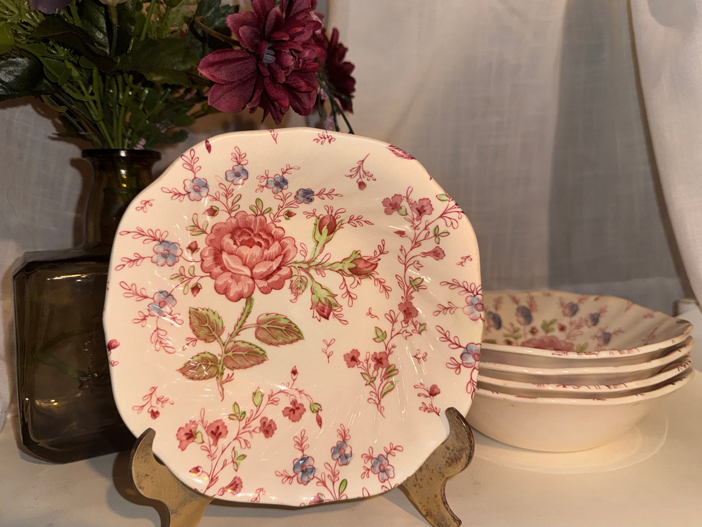 Johnson Brothers ‘Rose Chintz’ (England) Square Floral Bowl, 6.25” | Multiples Available | Vintage Ironstone Dining