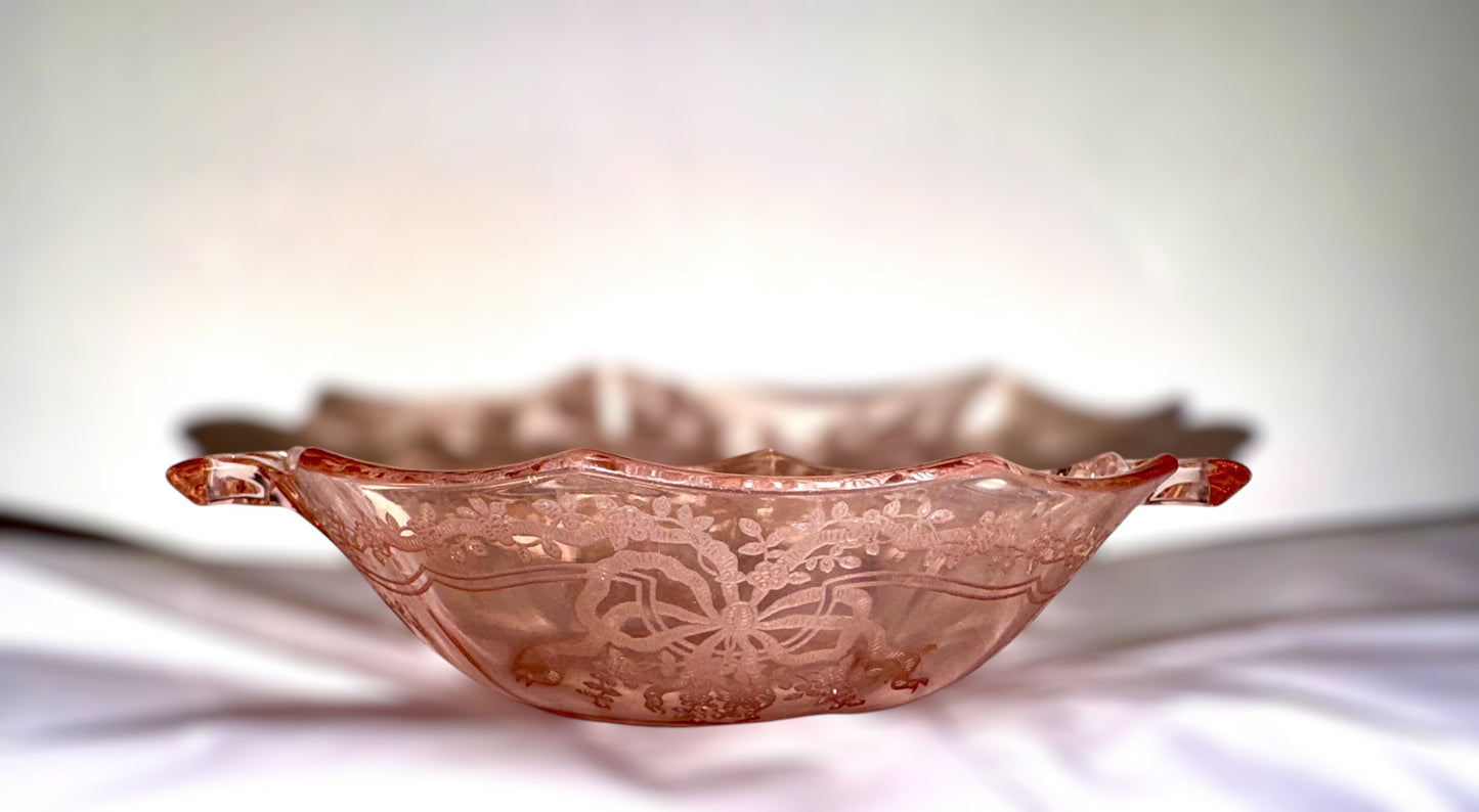 Fostoria ‘June Pink’ Bowtie Handled Glass Sweet Meats Bowl, 7-3/8”
