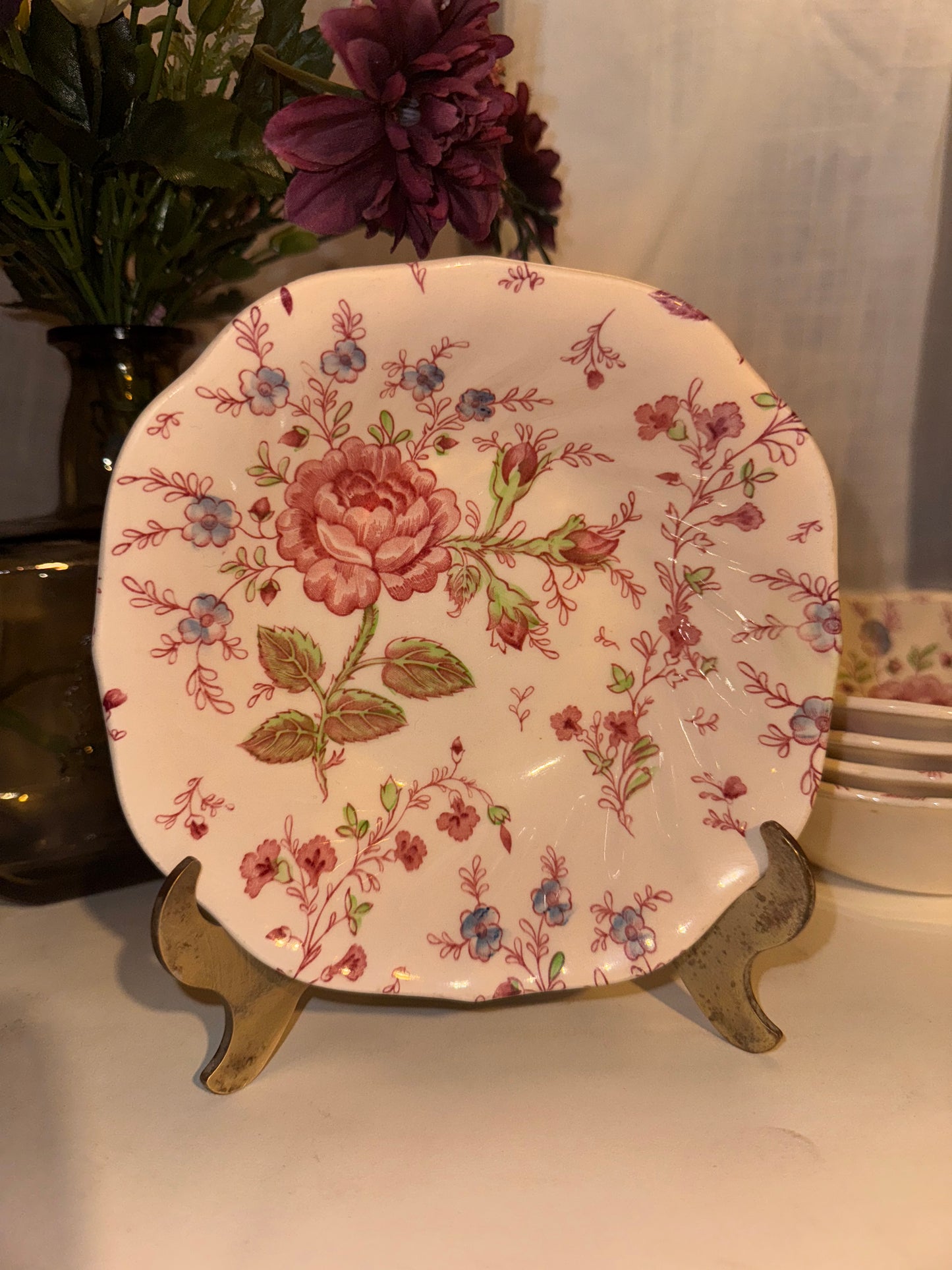 Johnson Brothers ‘Rose Chintz’ (England) Square Floral Bowl, 6.25” | Multiples Available | Vintage Ironstone Dining