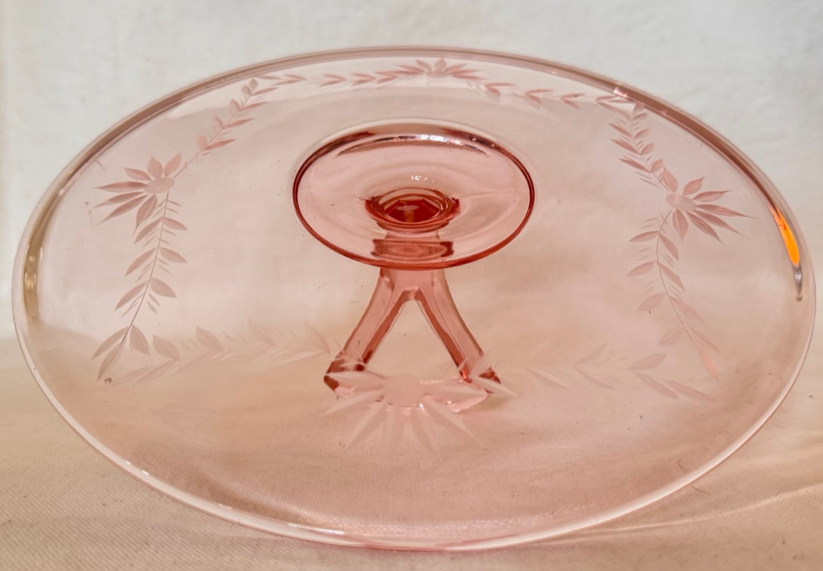 Vintage Etched Handled Pink Glass Serving Tray, 10.25” | Pink Depression Glass Serveware