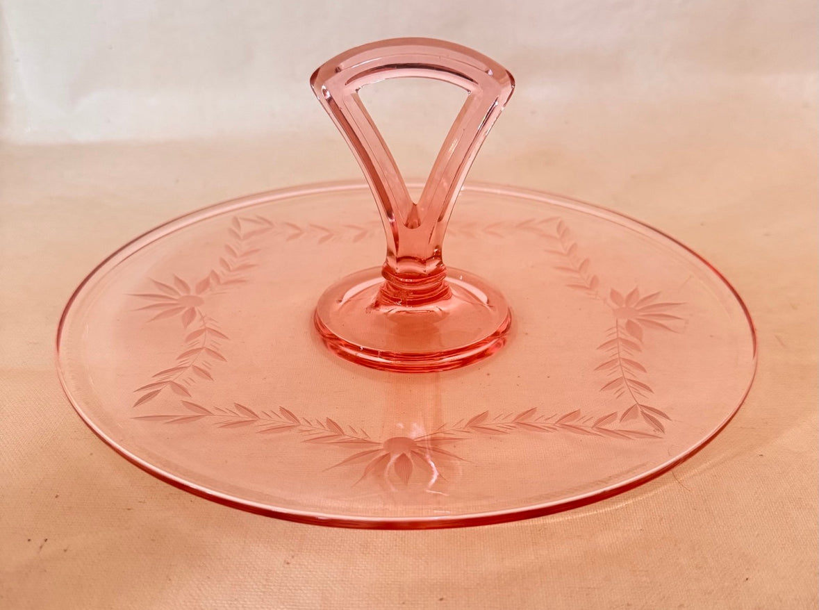 Vintage Etched Handled Pink Glass Serving Tray, 10.25” | Pink Depression Glass Serveware