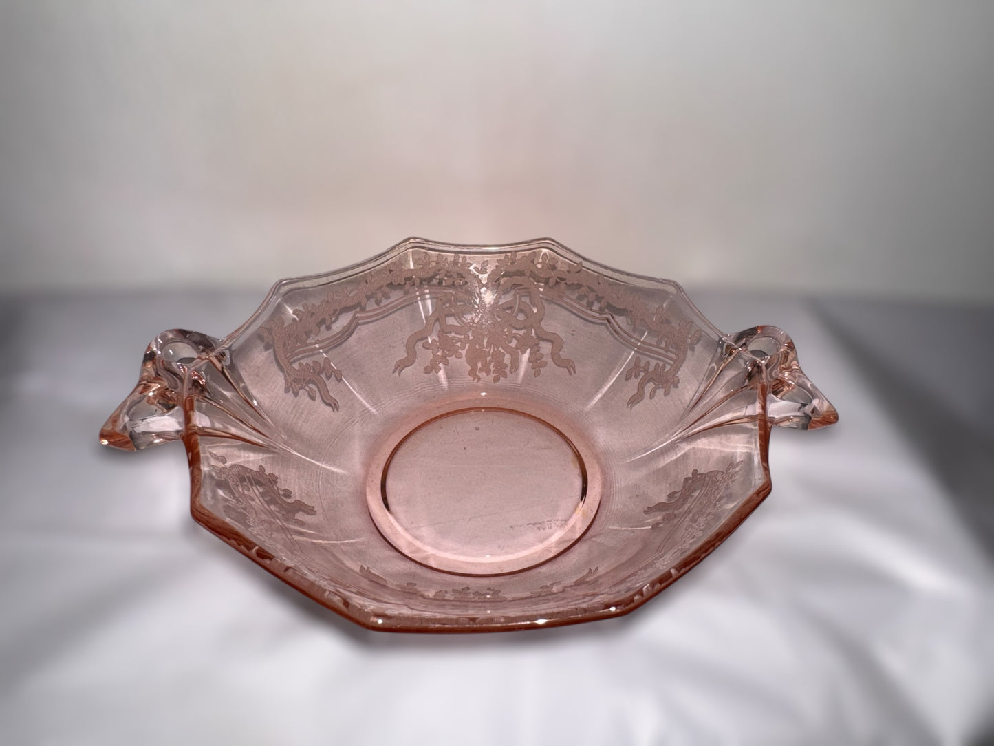 Fostoria ‘June Pink’ Bowtie Handled Glass Sweet Meats Bowl, 7-3/8”