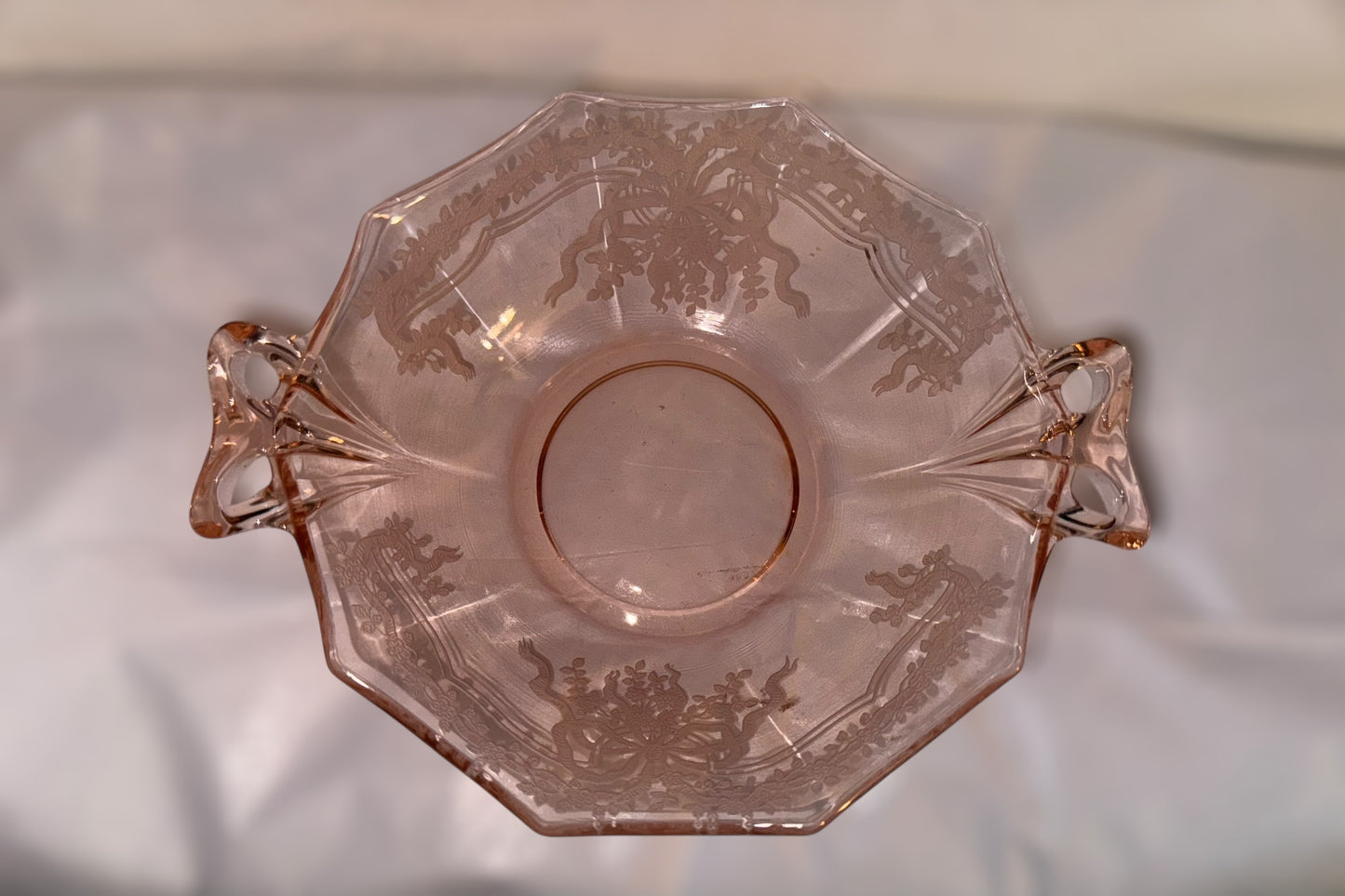 Fostoria ‘June Pink’ Bowtie Handled Glass Sweet Meats Bowl, 7-3/8”