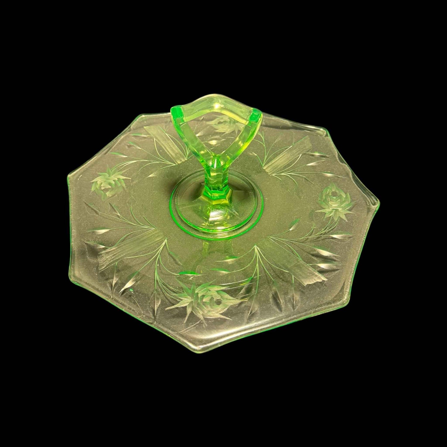 Ornate Rose Etched Hexagonal Uranium Glass Handled Serving Tray
