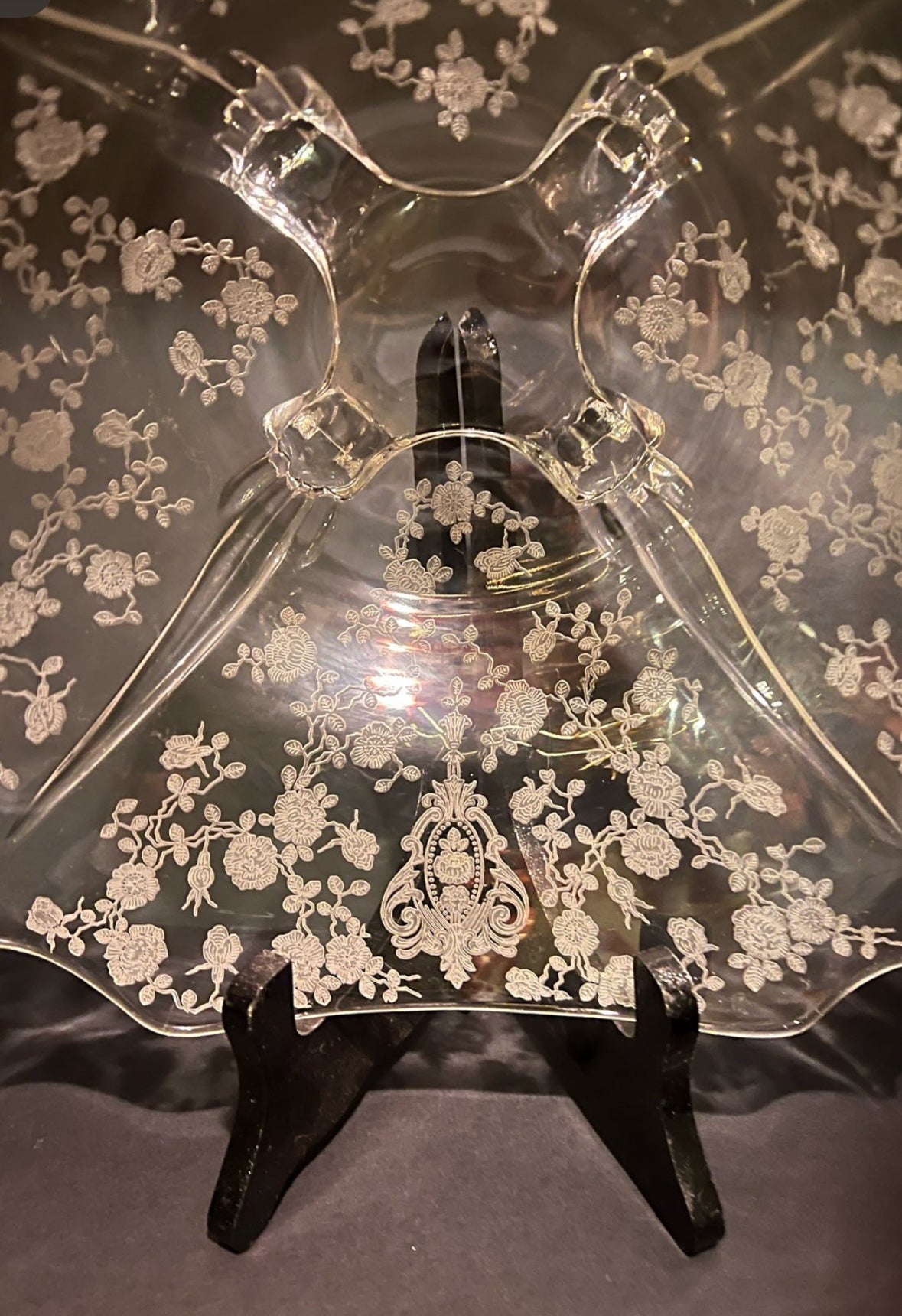 Vintage Cambridge Glass ‘Rose Point’ 10” Footed Serving Bowl | Depression Era Elegant Glass