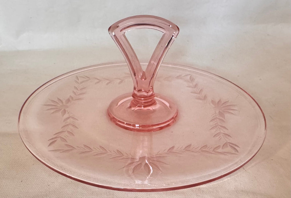 Vintage Etched Handled Pink Glass Serving Tray, 10.25” | Pink Depression Glass Serveware