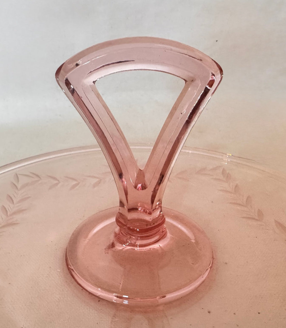 Vintage Etched Handled Pink Glass Serving Tray, 10.25” | Pink Depression Glass Serveware