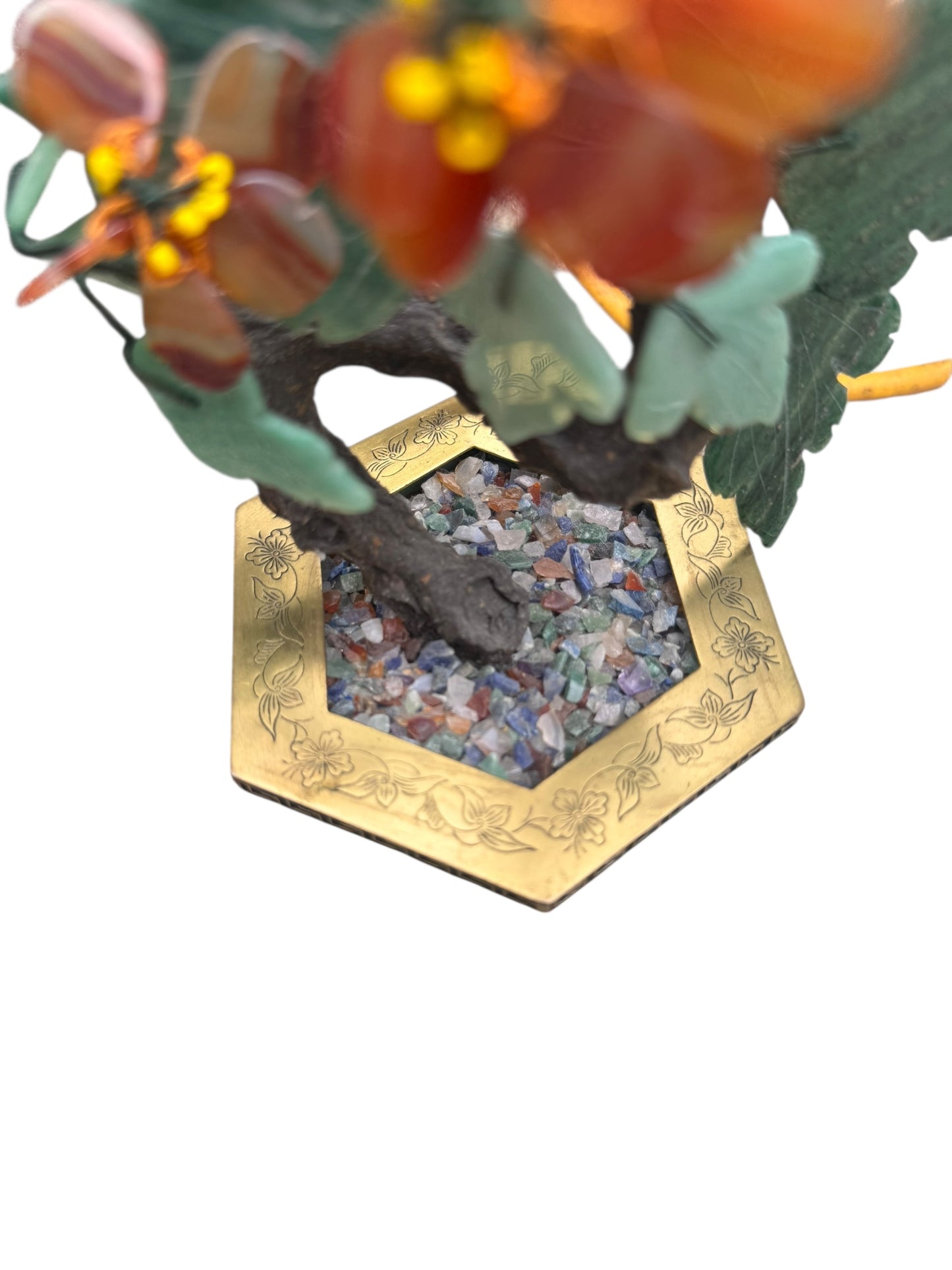 Vintage Chinese Carnelian & Jade Bonsai Gemstone Tree in Brass Planter, 11.25”