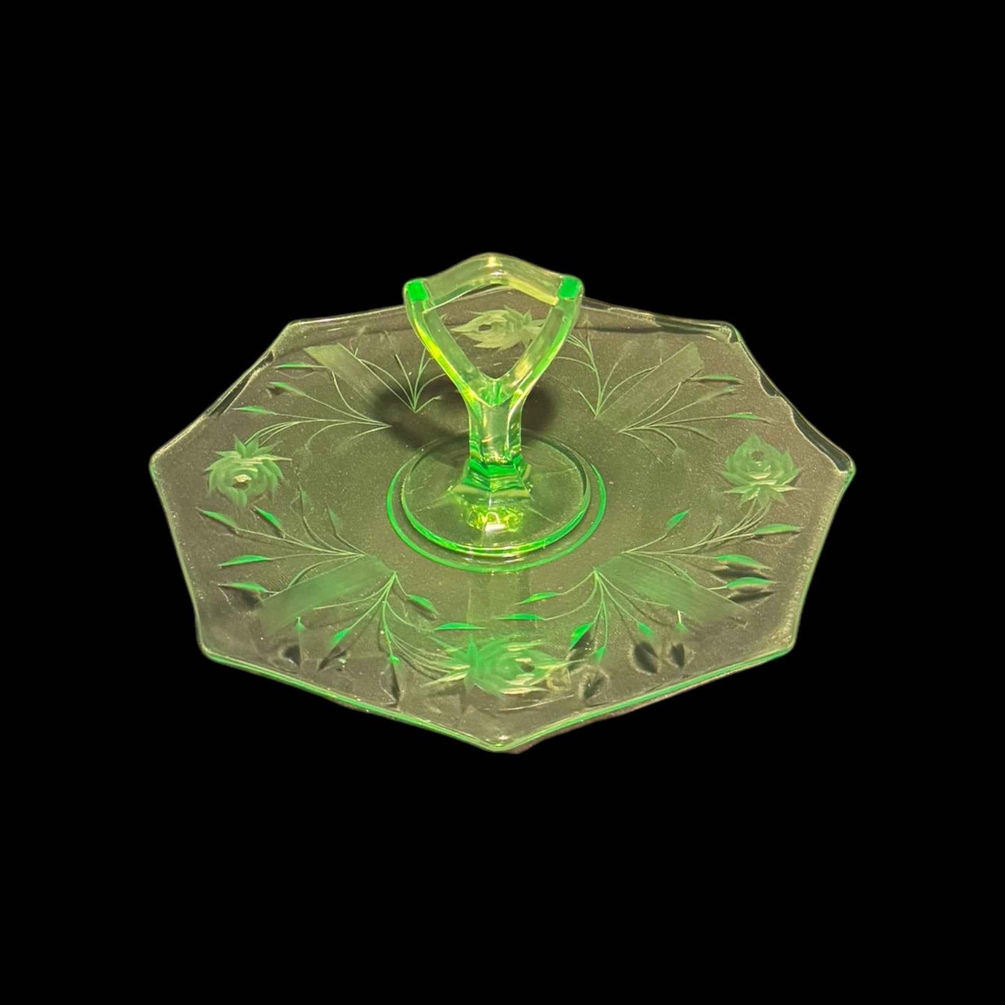 Ornate Rose Etched Hexagonal Uranium Glass Handled Serving Tray