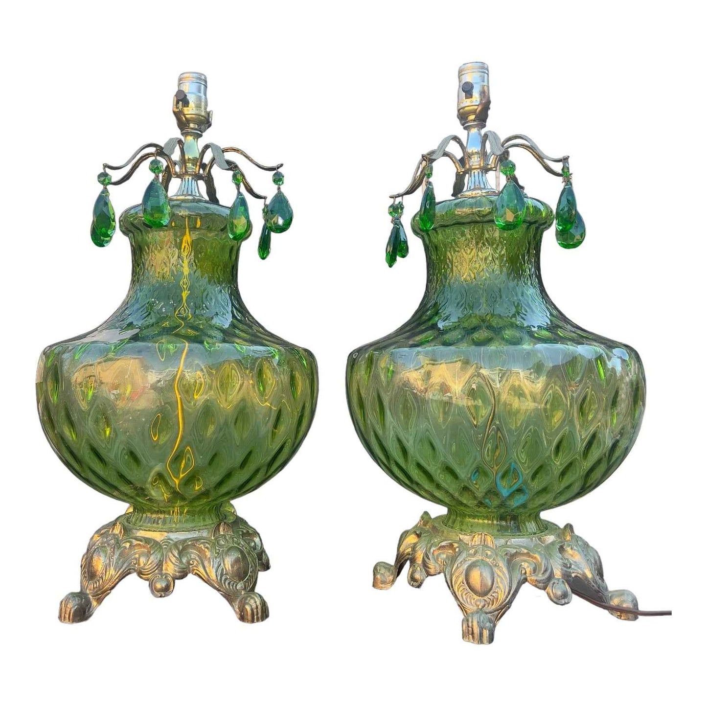 Vintage Pair of Green Hollywood Regency 3-Way Rippled Glass Table Lamps with Crown of Hanging Teardrop Crystals
