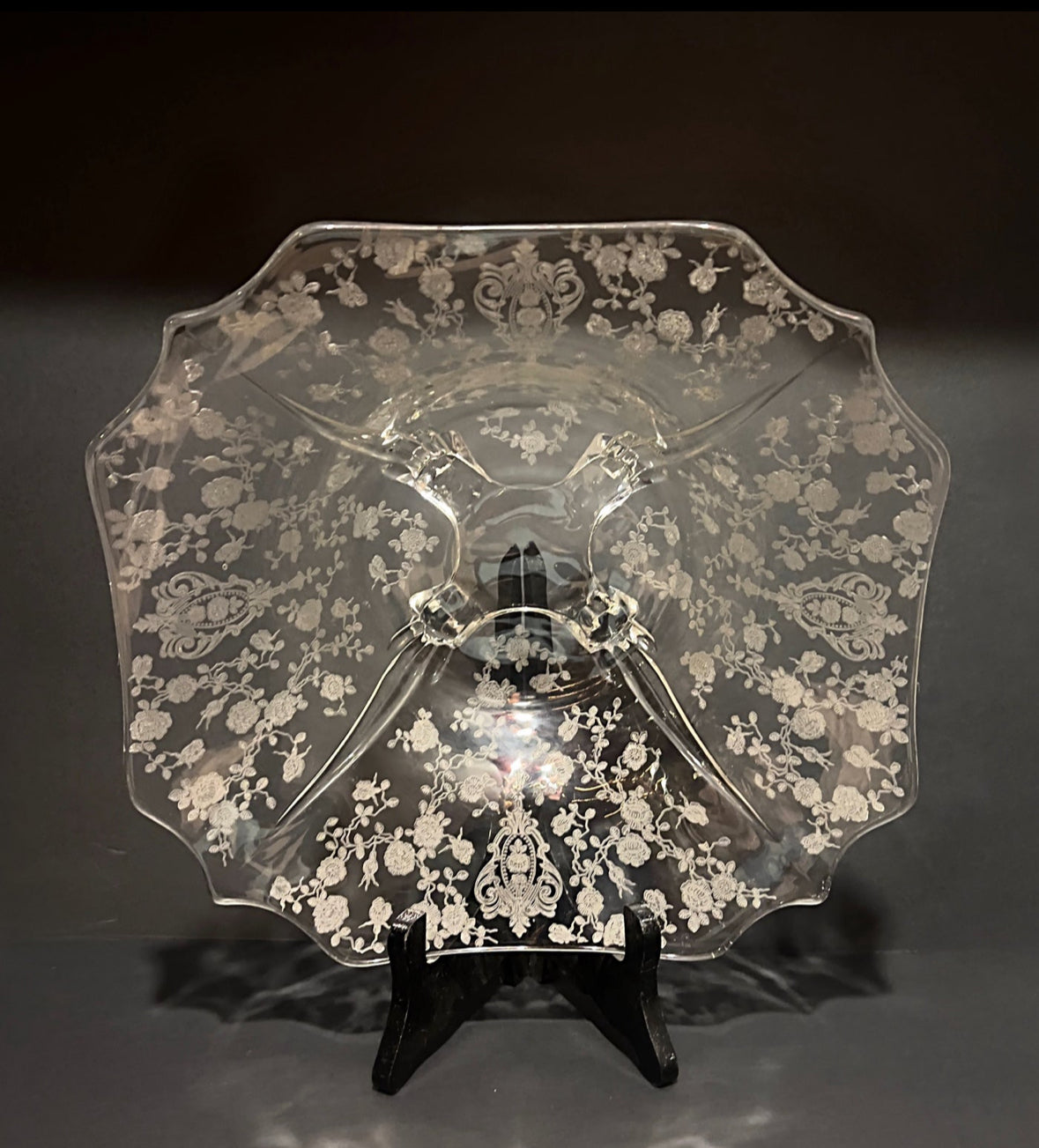 Vintage Cambridge Glass ‘Rose Point’ 10” Footed Serving Bowl | Depression Era Elegant Glass