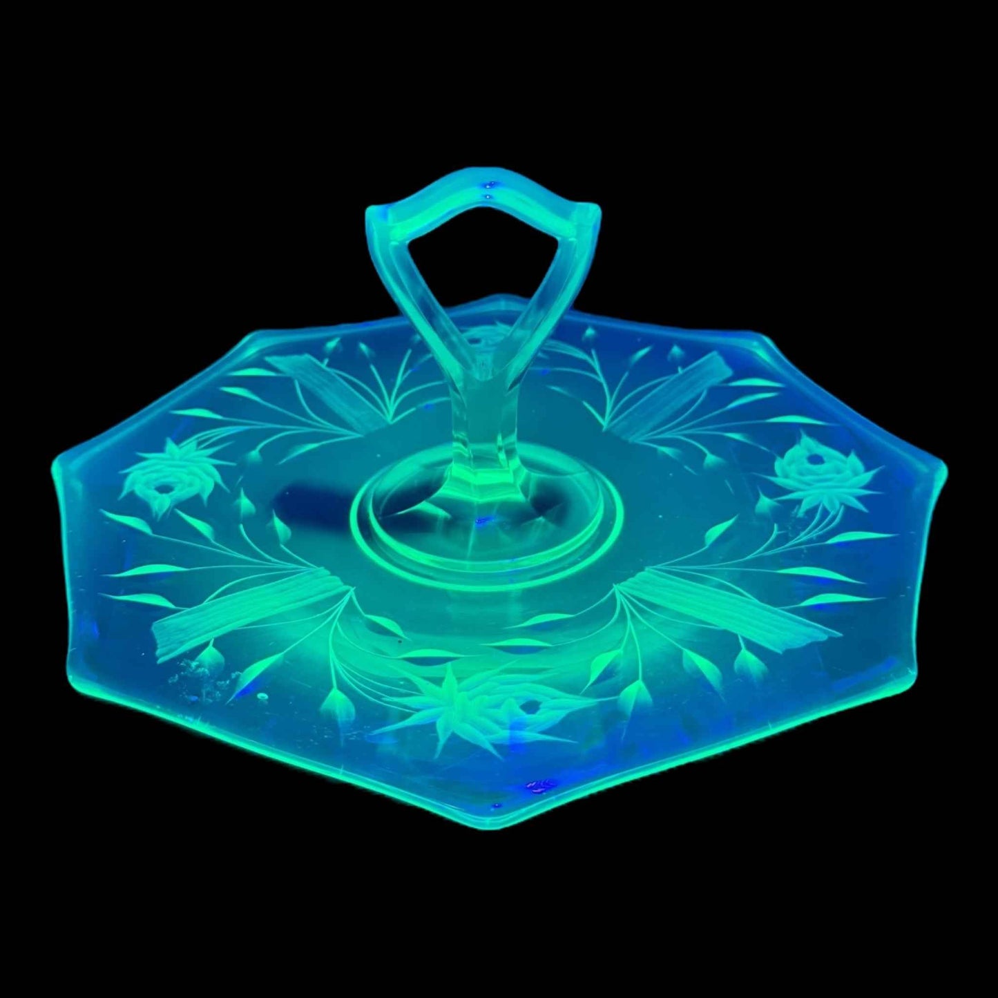 Ornate Rose Etched Hexagonal Uranium Glass Handled Serving Tray
