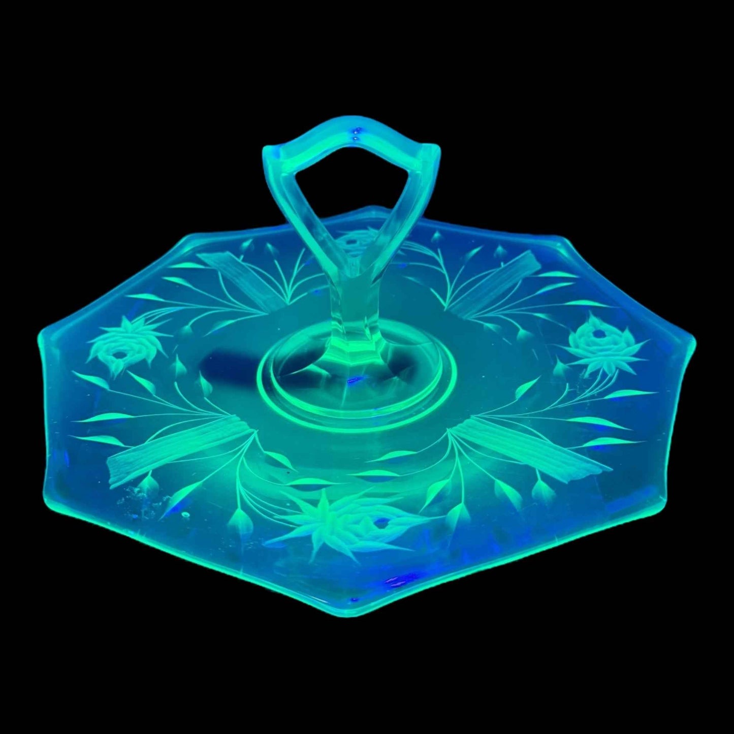 Ornate Rose Etched Hexagonal Uranium Glass Handled Serving Tray