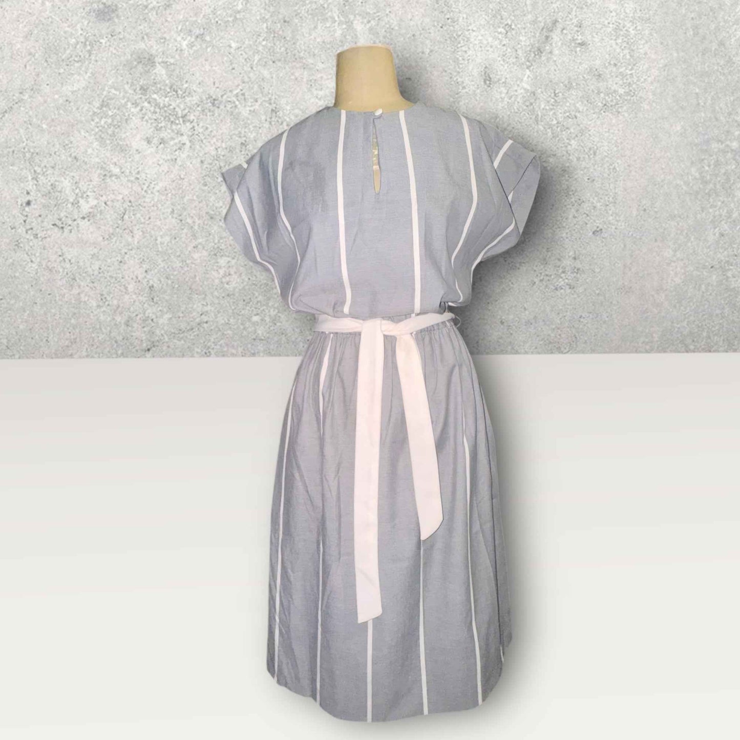 Vintage 1950’s Gray & White Striped Shirt Dress with White Waist Tie