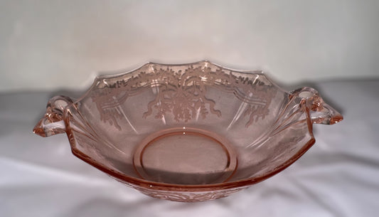 Fostoria ‘June Pink’ Bowtie Handled Glass Sweet Meats Bowl, 7-3/8”