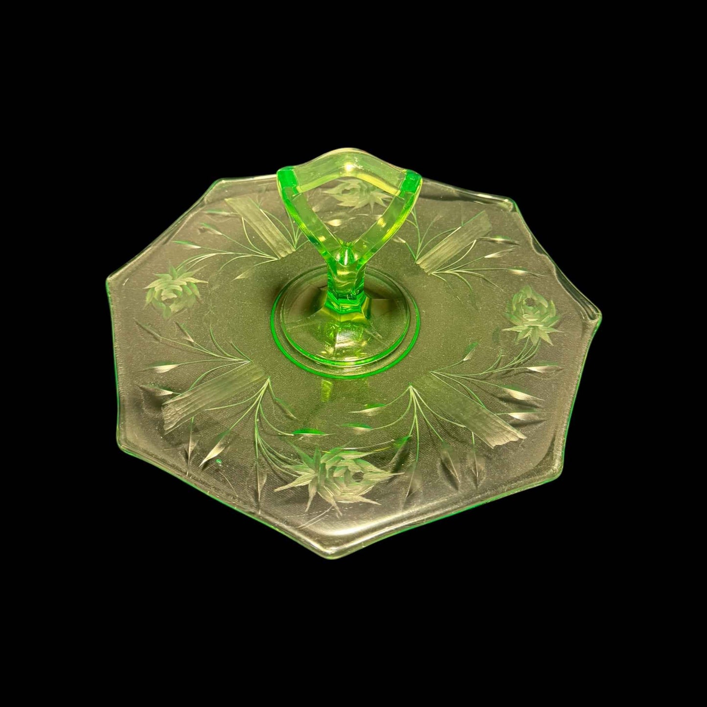 Ornate Rose Etched Hexagonal Uranium Glass Handled Serving Tray