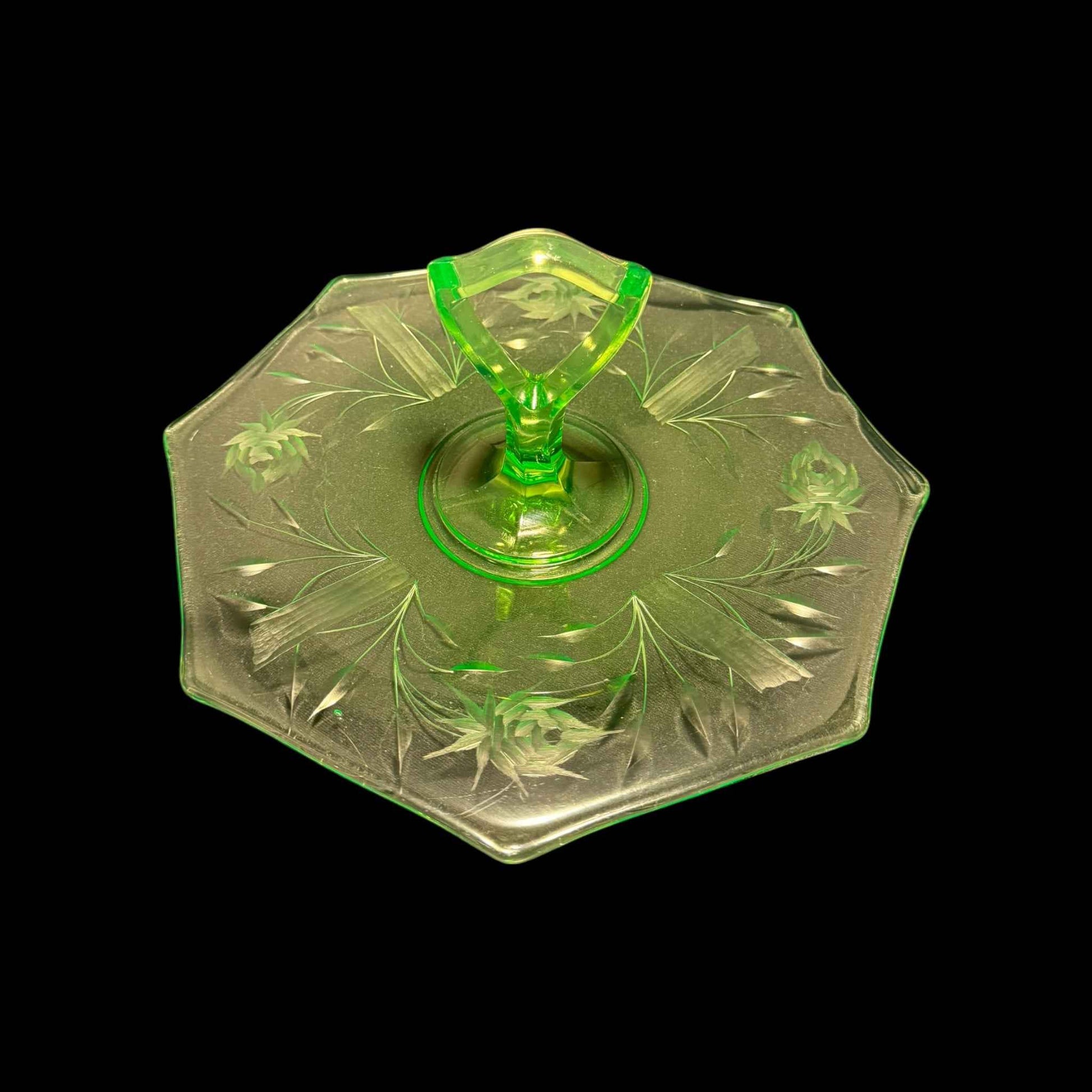 Ornate Rose Etched Hexagonal Uranium Glass Handled Serving Tray