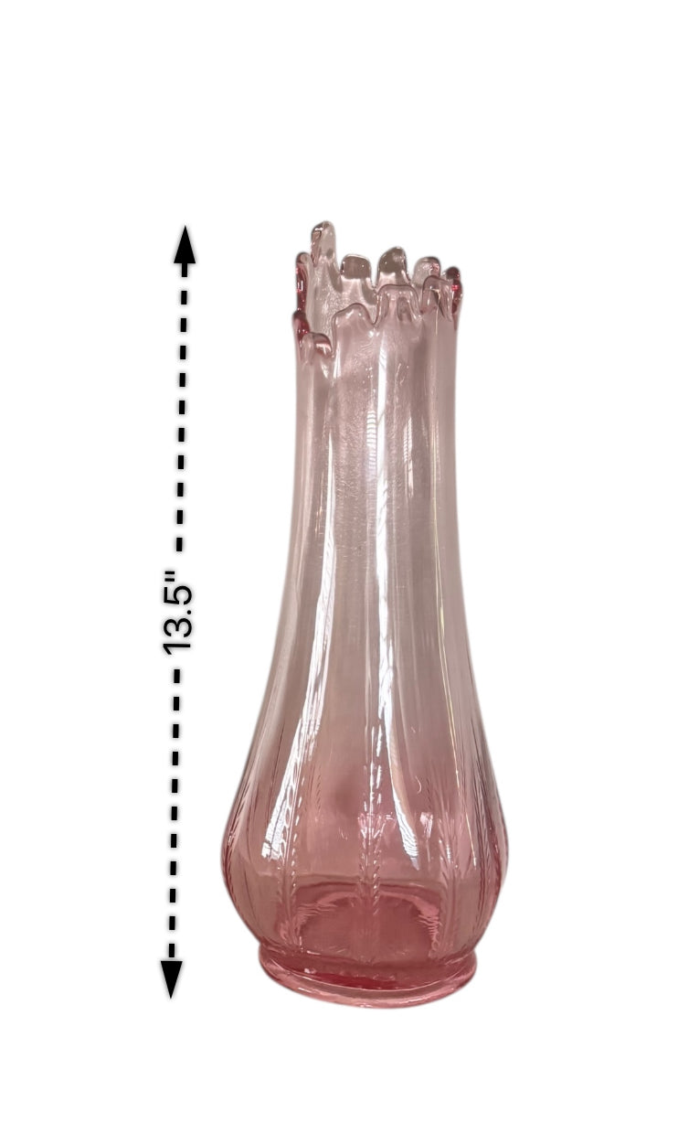 Vintage 1960’s MCM LE Smith Pink Victoria Fern & Scroll Swung Glass Vase, 13.5”