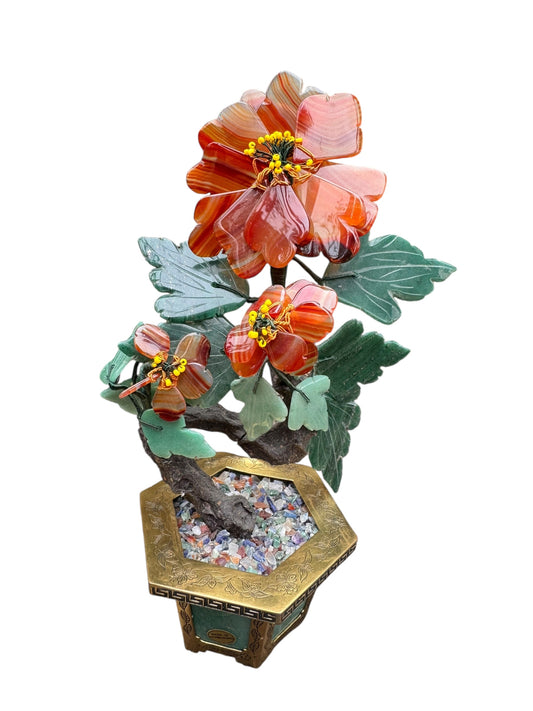 Vintage Chinese Carnelian & Jade Bonsai Gemstone Tree in Brass Planter, 11.25”