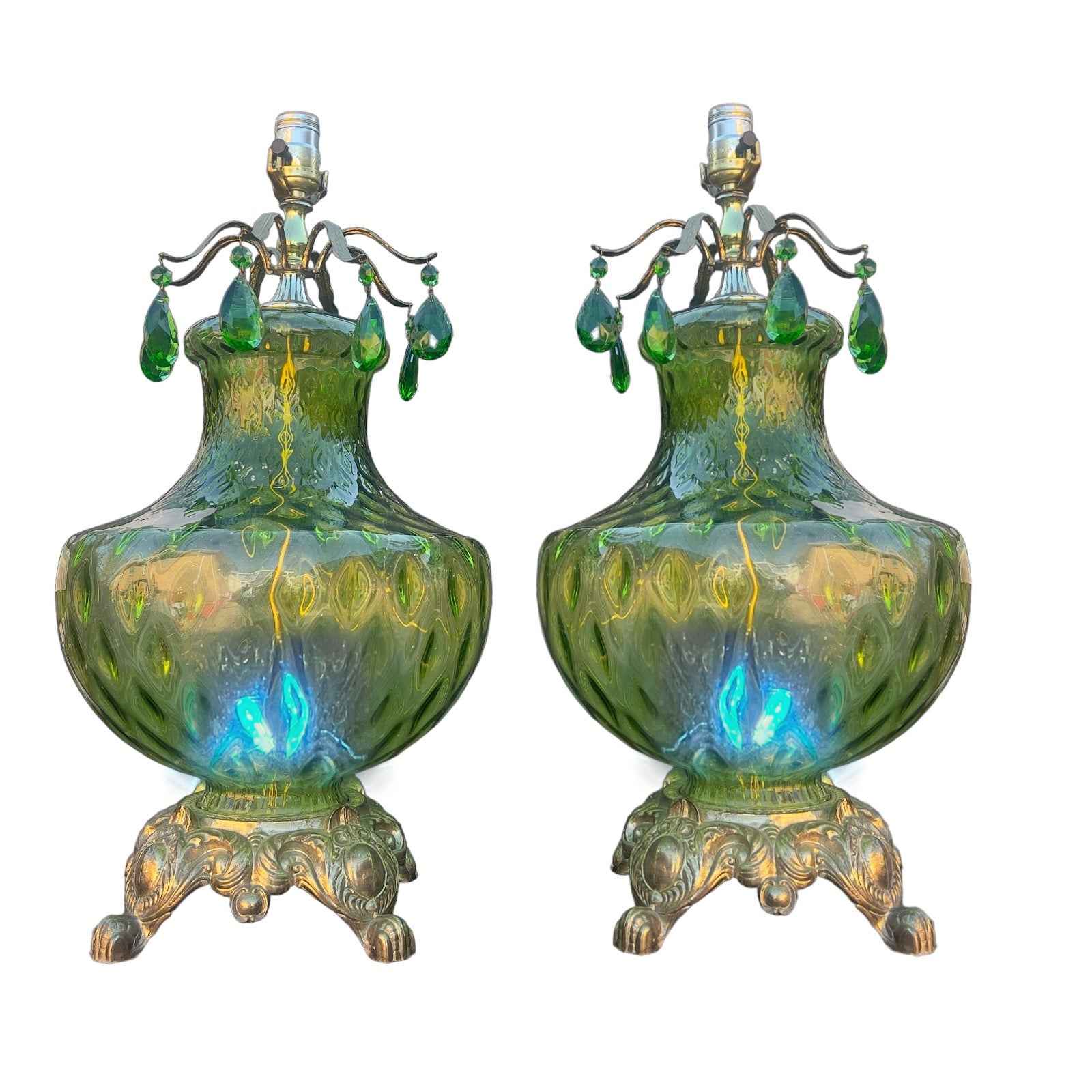Vintage Pair of Green Hollywood Regency 3-Way Rippled Glass Table Lamps with Crown of Hanging Teardrop Crystals