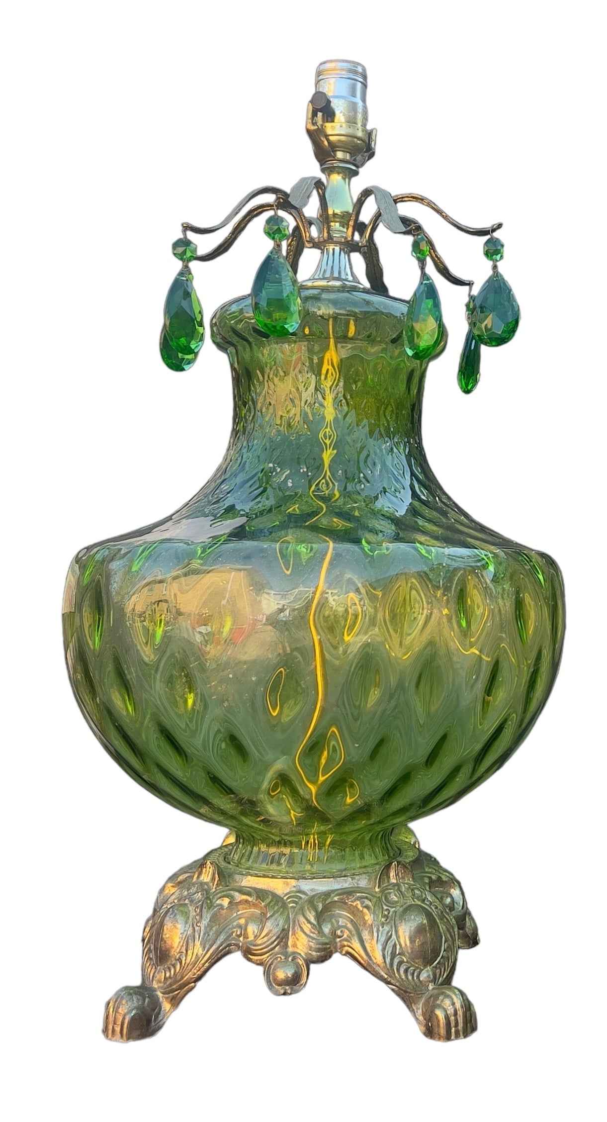 Vintage Pair of Green Hollywood Regency 3-Way Rippled Glass Table Lamps with Crown of Hanging Teardrop Crystals