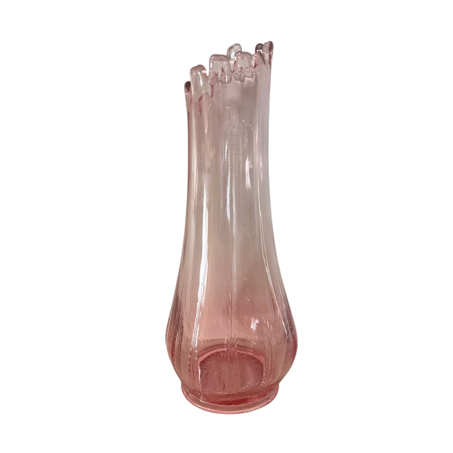Vintage 1960’s MCM LE Smith Pink Victoria Fern & Scroll Swung Glass Vase, 13.5”