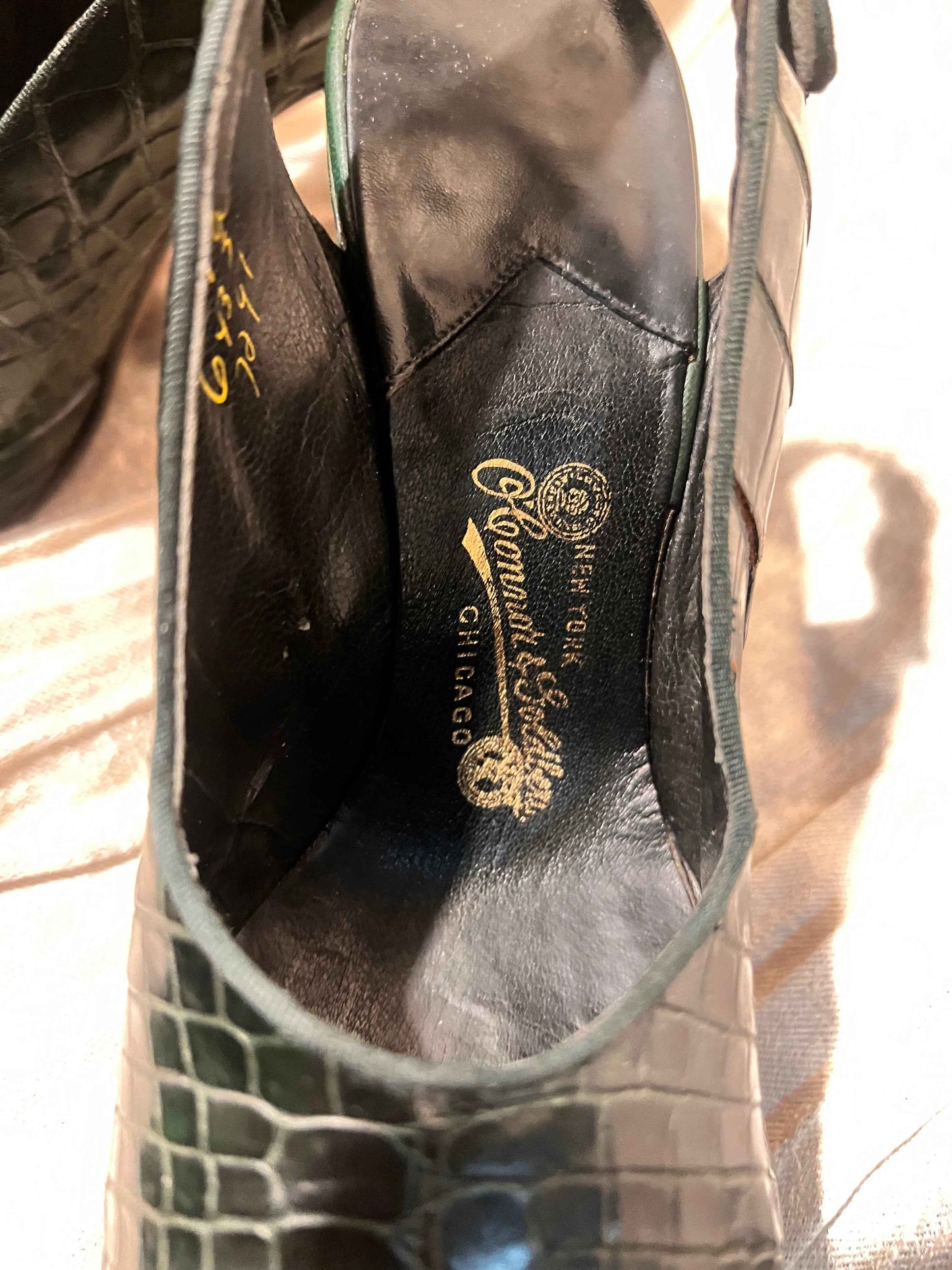 Vintage 1950’s Beleganti for O’Connor & Goldberg Alligator Skin Peep Toe Sling Backs, Size 6.5