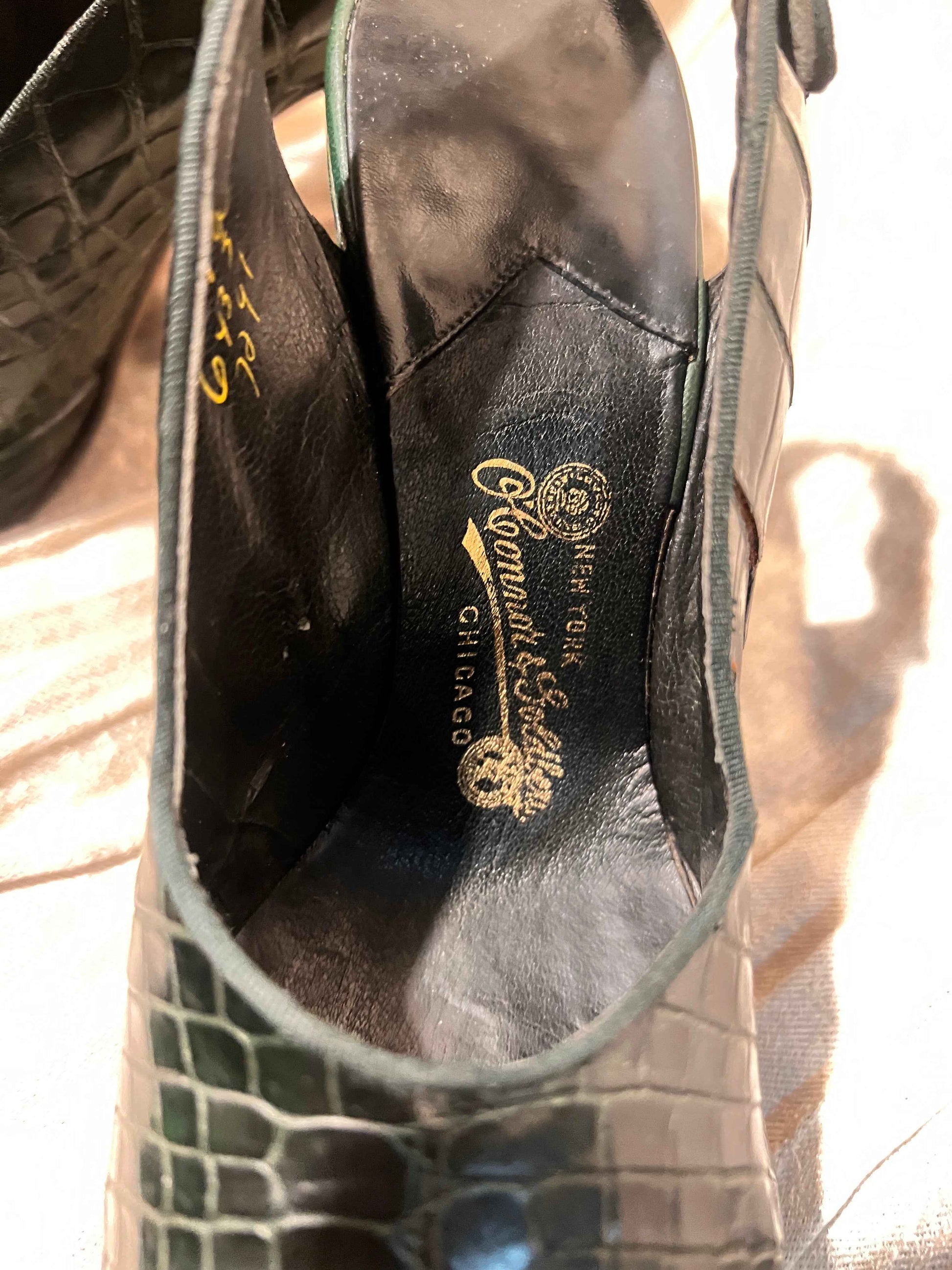Vintage 1950’s Beleganti for O’Connor & Goldberg Alligator Skin Peep Toe Sling Backs, Size 6.5