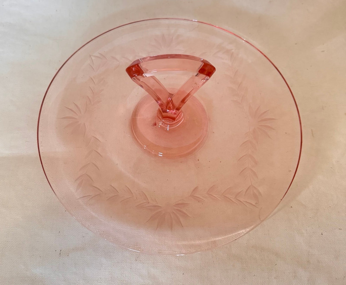 Vintage Etched Handled Pink Glass Serving Tray, 10.25” | Pink Depression Glass Serveware