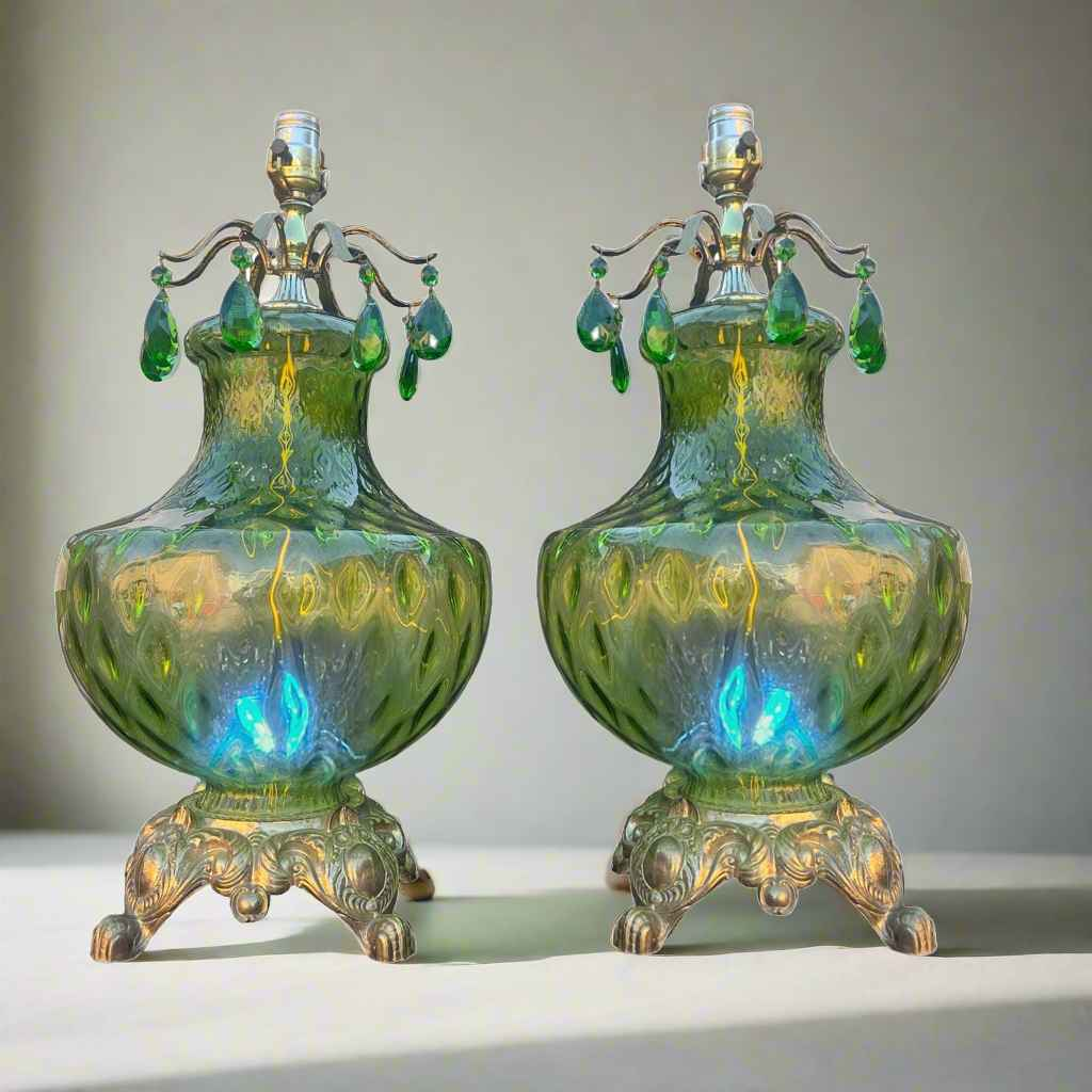 Vintage Pair of Green Hollywood Regency 3-Way Rippled Glass Table Lamps with Crown of Hanging Teardrop Crystals