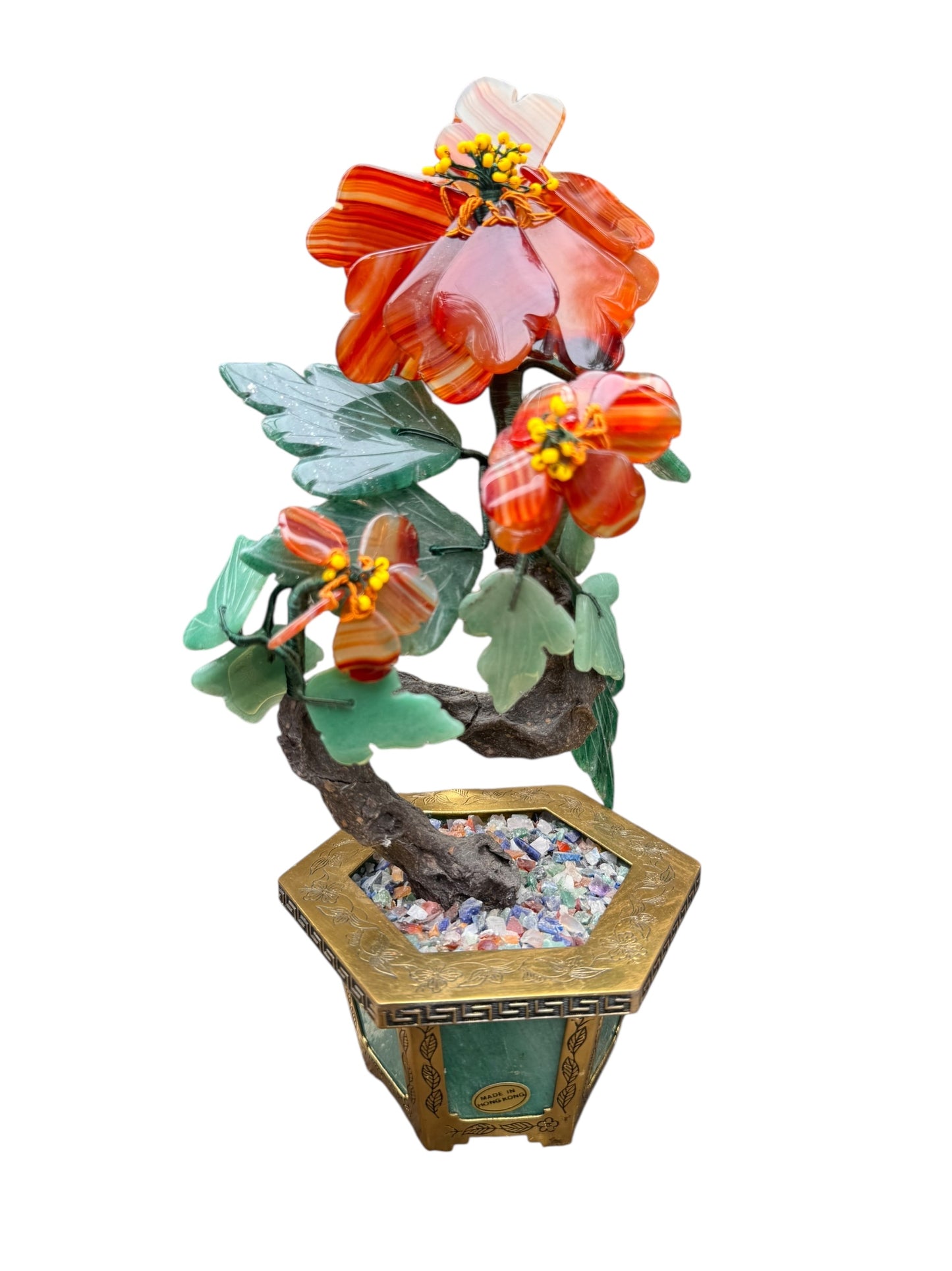 Vintage Chinese Carnelian & Jade Bonsai Gemstone Tree in Brass Planter, 11.25”