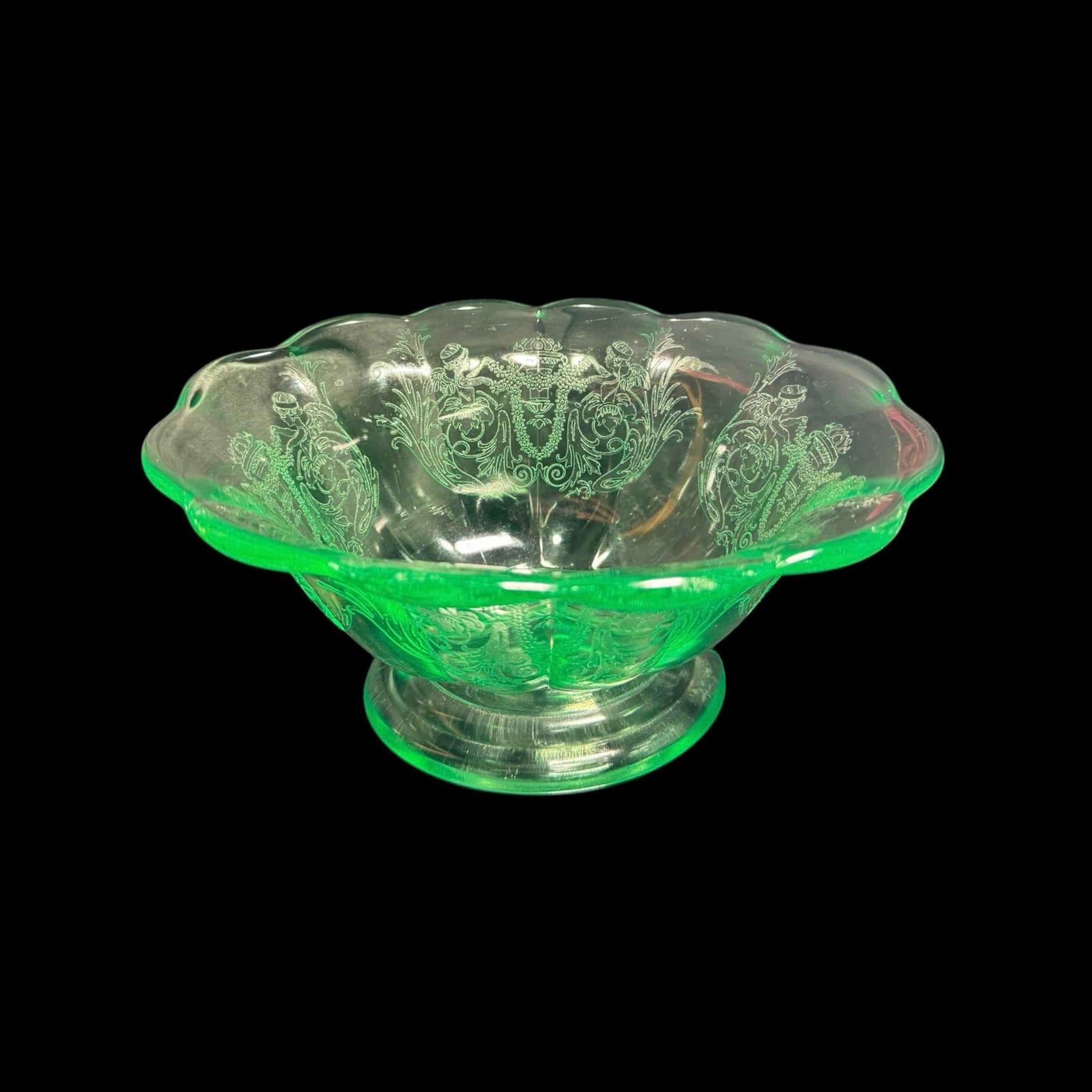 Rare Paden City ‘Cupid’ Pattern (aka Archaic #300) Paneled Fluted Uranium Glass Bowl