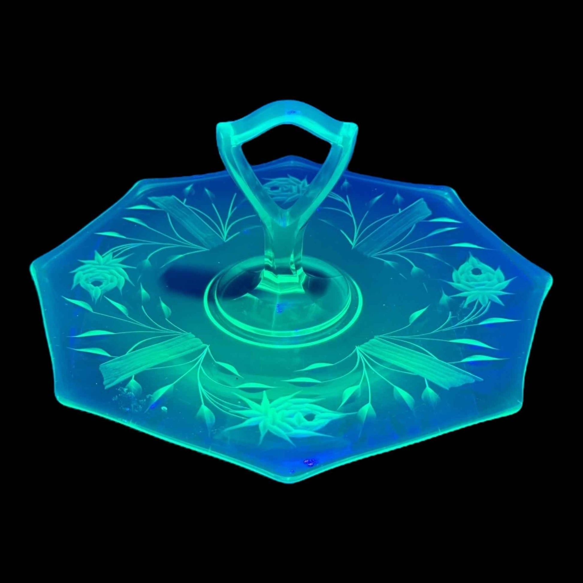 Ornate Rose Etched Hexagonal Uranium Glass Handled Serving Tray