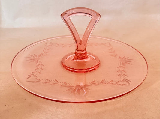 Vintage Etched Handled Pink Glass Serving Tray, 10.25” | Pink Depression Glass Serveware
