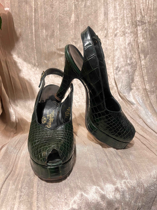 Vintage 1950’s Beleganti for O’Connor & Goldberg Alligator Skin Peep Toe Sling Backs, Size 6.5