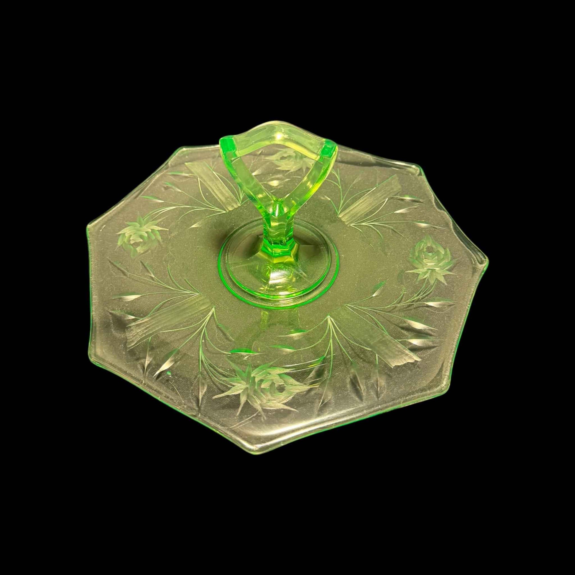 Ornate Rose Etched Hexagonal Uranium Glass Handled Serving Tray