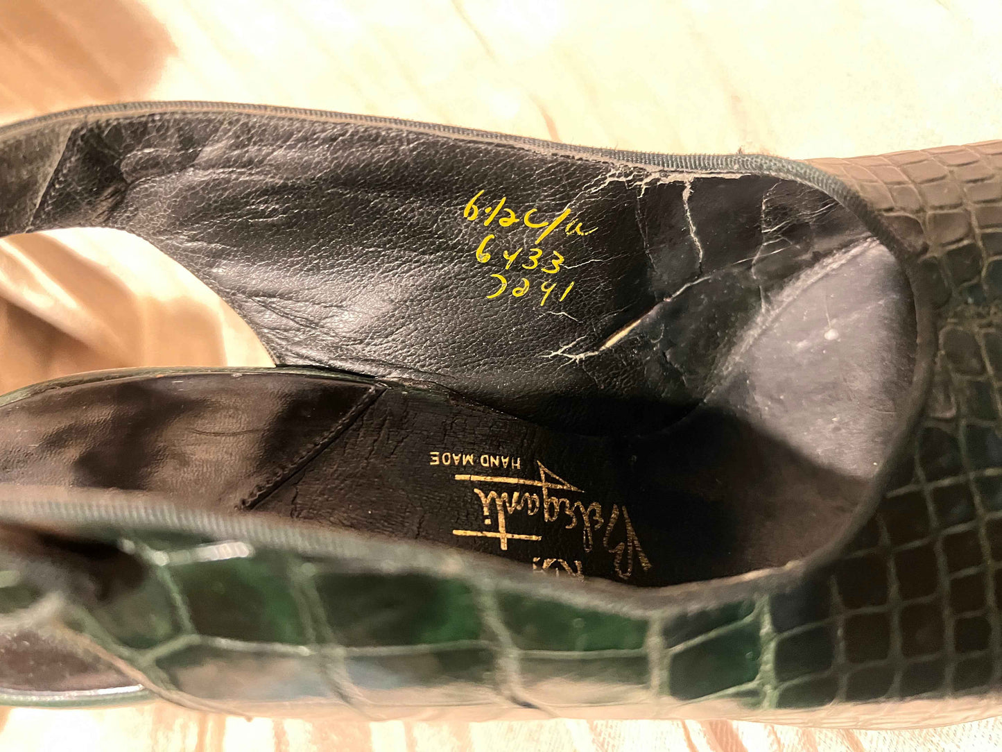 Vintage 1950’s Beleganti for O’Connor & Goldberg Alligator Skin Peep Toe Sling Backs, Size 6.5