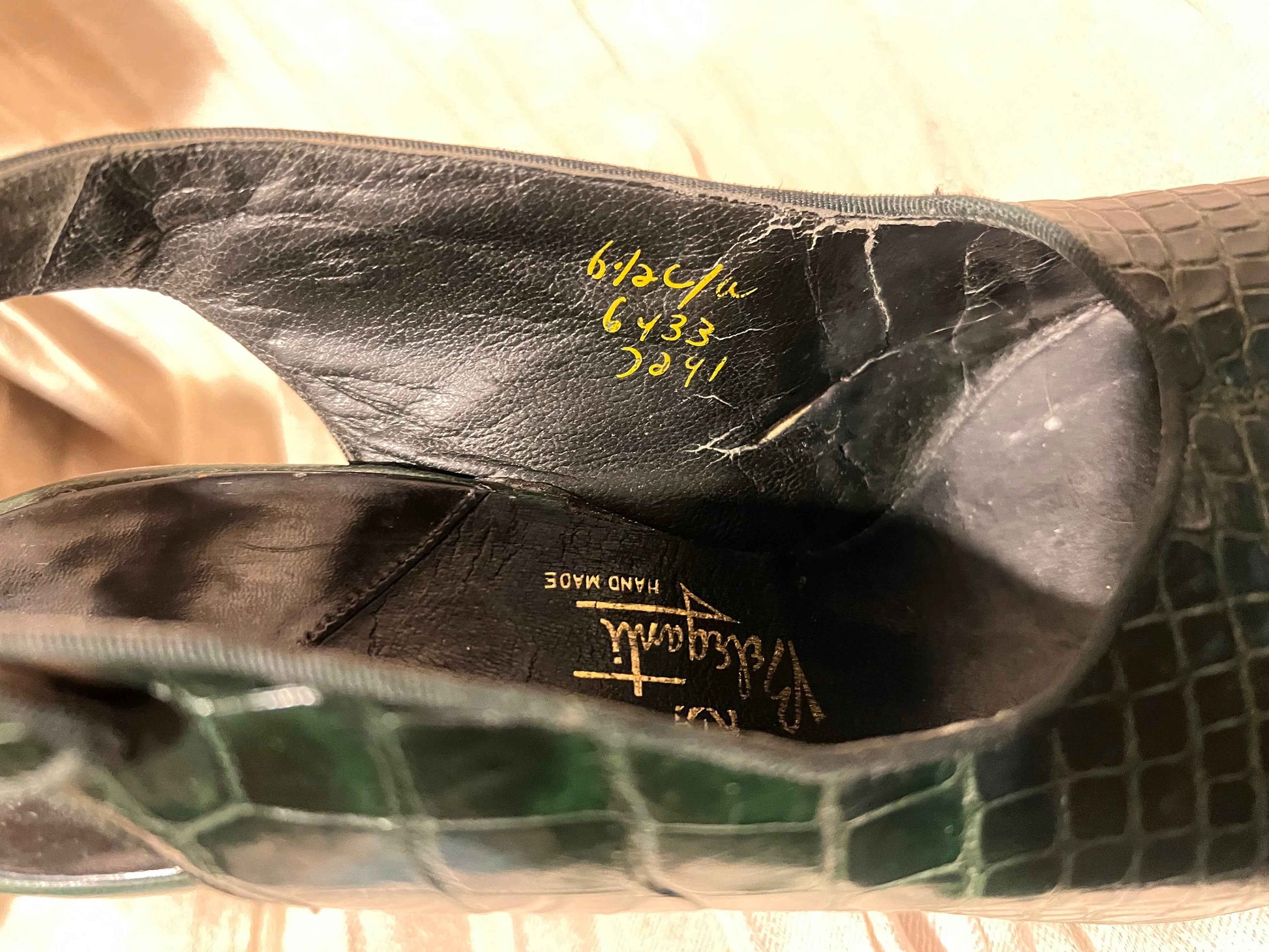 Vintage 1950’s Beleganti for O’Connor & Goldberg Alligator Skin Peep Toe Sling Backs, Size 6.5