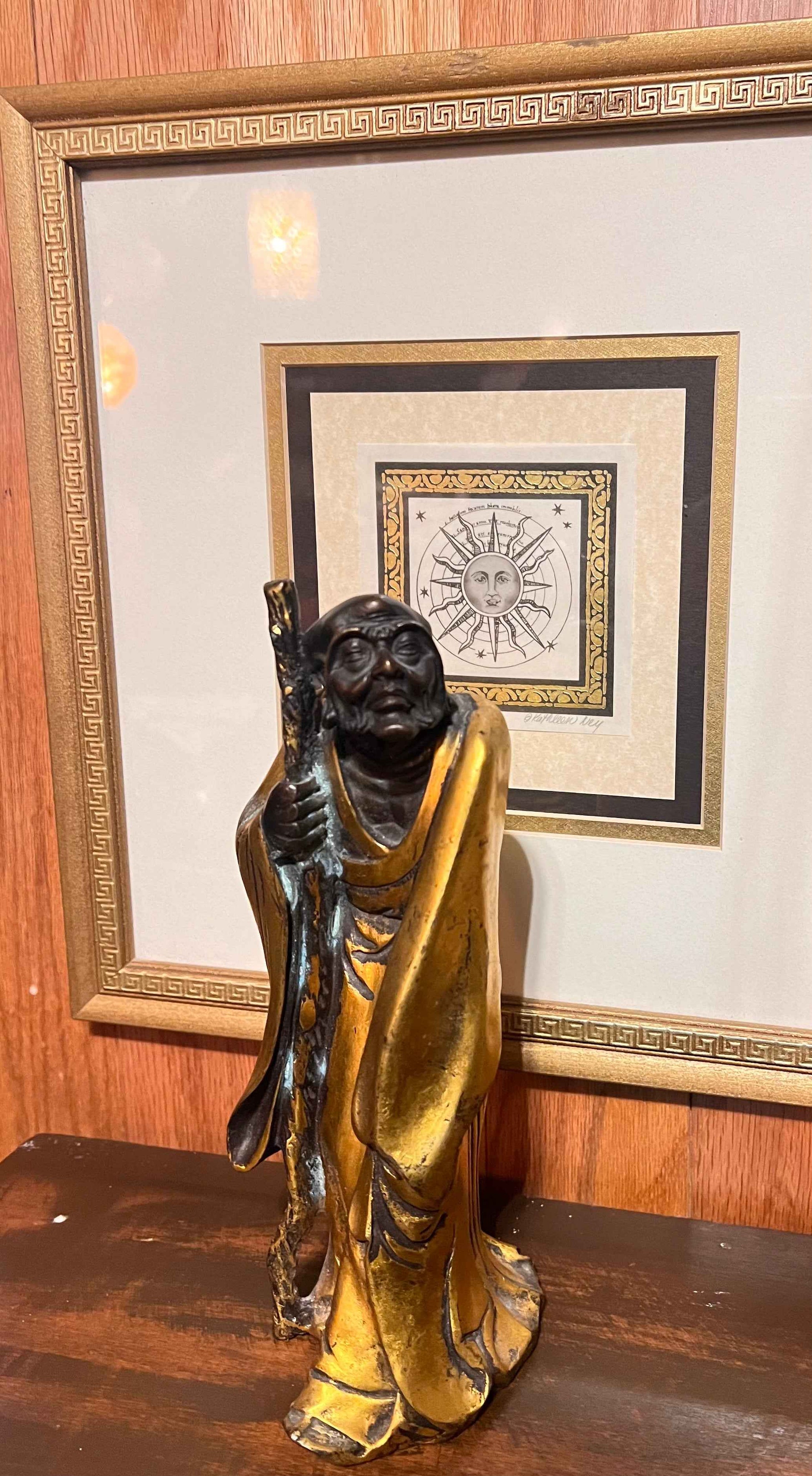 Antique 22k Gilded Bronze Bodhidharma Zen Buddhist Statue, 9-inches
