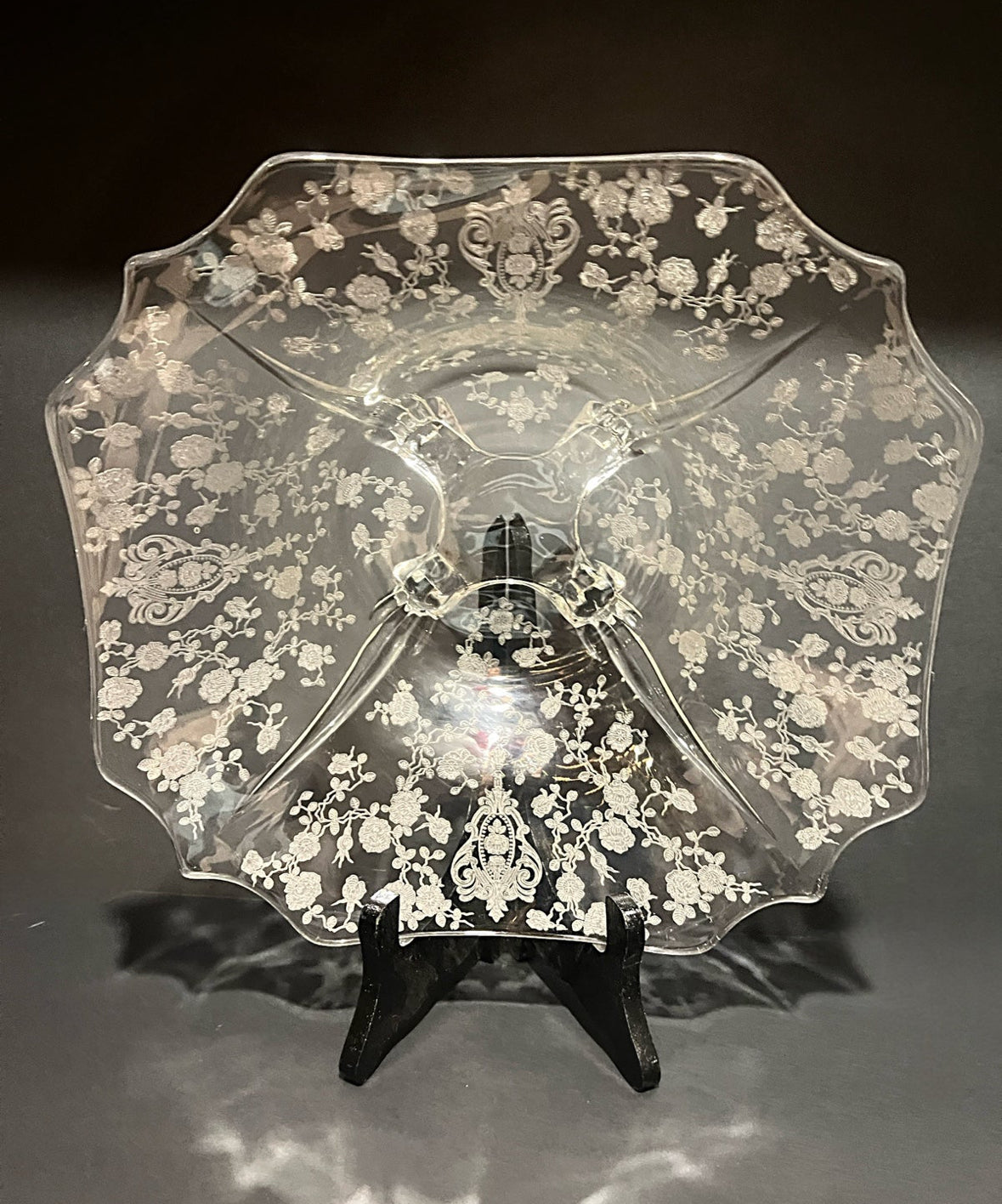 Vintage Cambridge Glass ‘Rose Point’ 10” Footed Serving Bowl | Depression Era Elegant Glass