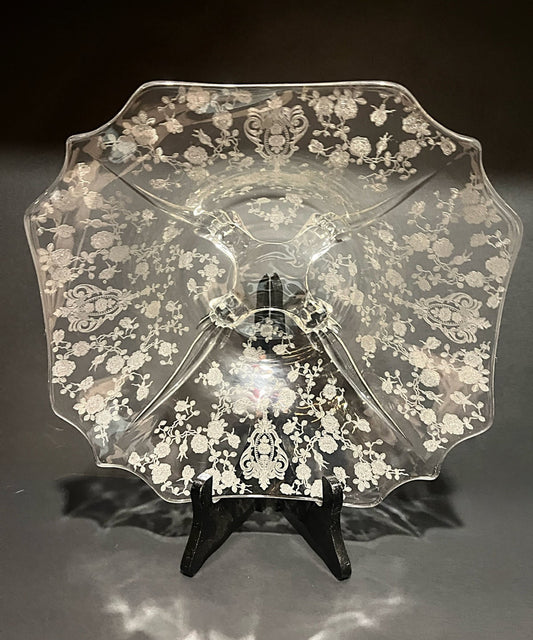 Vintage Cambridge Glass ‘Rose Point’ 10” Footed Serving Bowl | Depression Era Elegant Glass