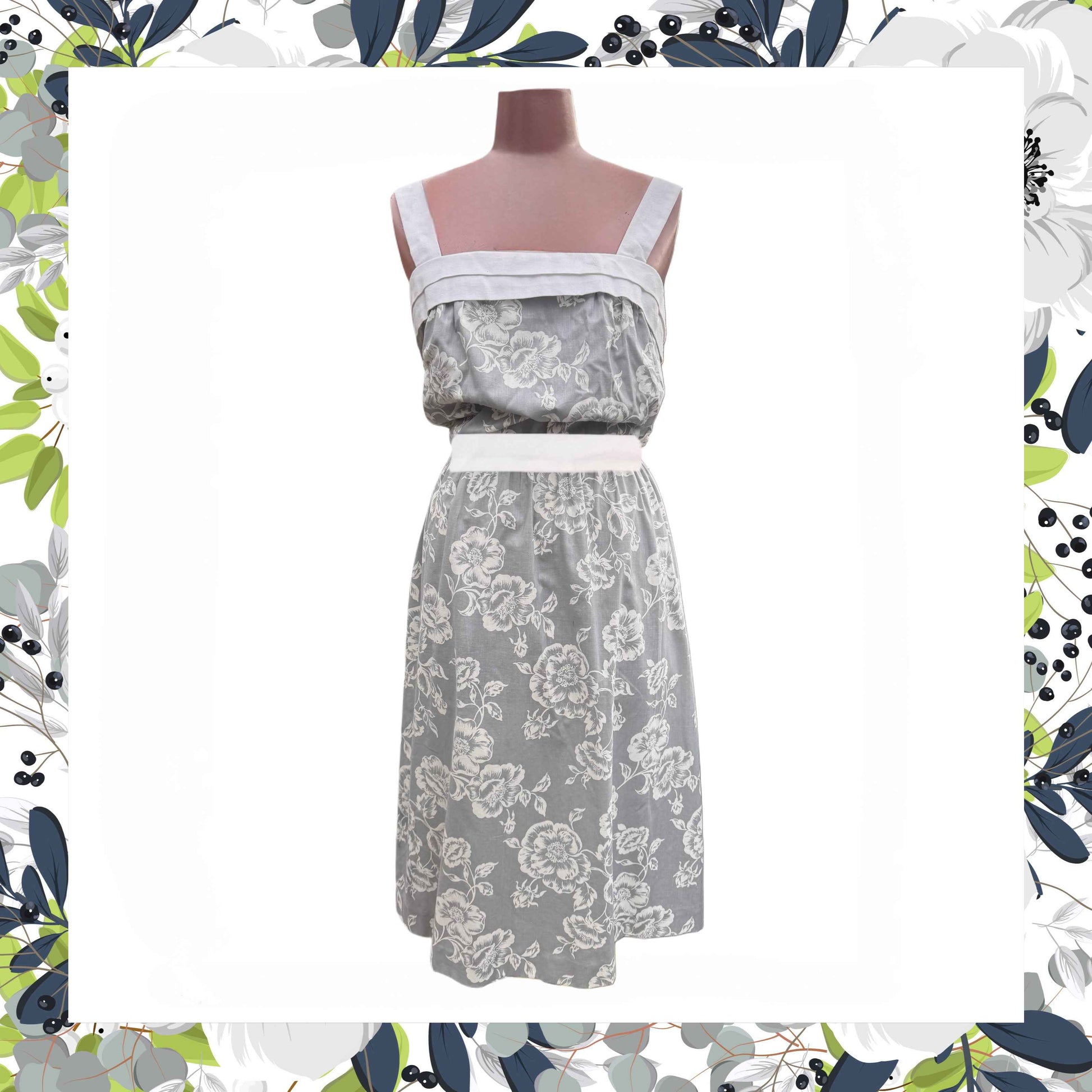 Vintage 1960’s Gray Floral Sundress with White Trim