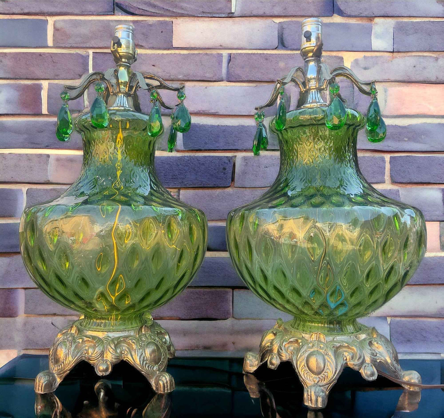 Vintage Pair of Green Hollywood Regency 3-Way Rippled Glass Table Lamps with Crown of Hanging Teardrop Crystals