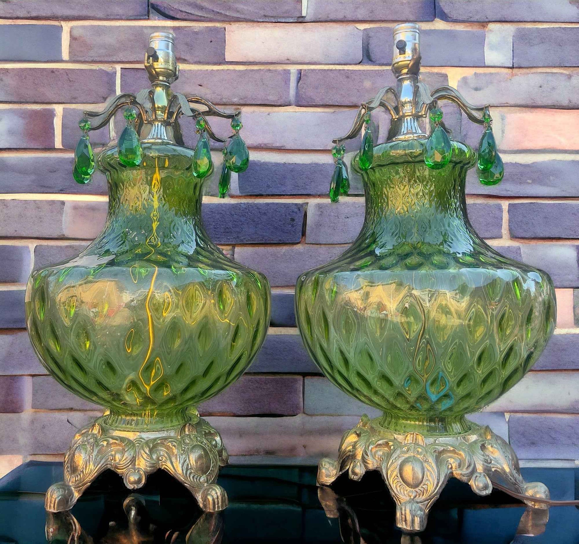 Vintage Pair of Green Hollywood Regency 3-Way Rippled Glass Table Lamps with Crown of Hanging Teardrop Crystals