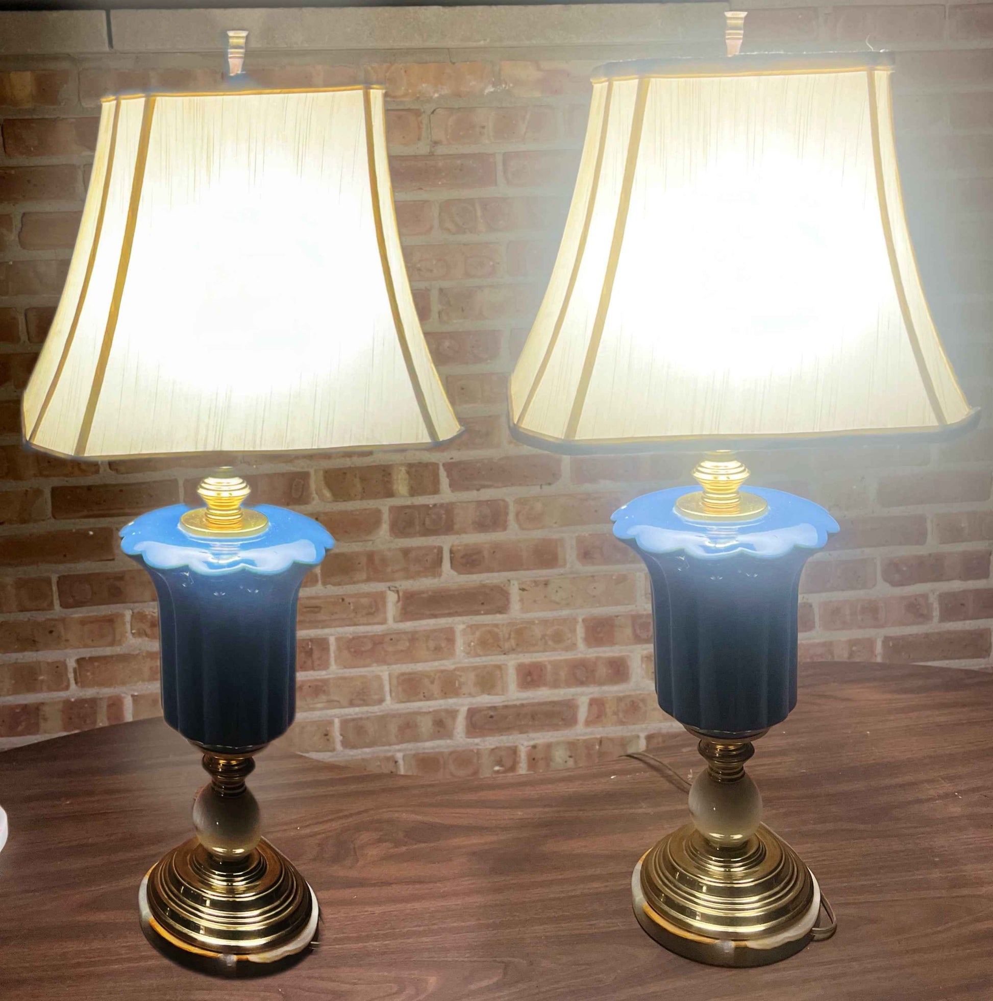 Vintage Pair of Mid-Century Modern Style Blue Ceramic & Onyx Table Lamps